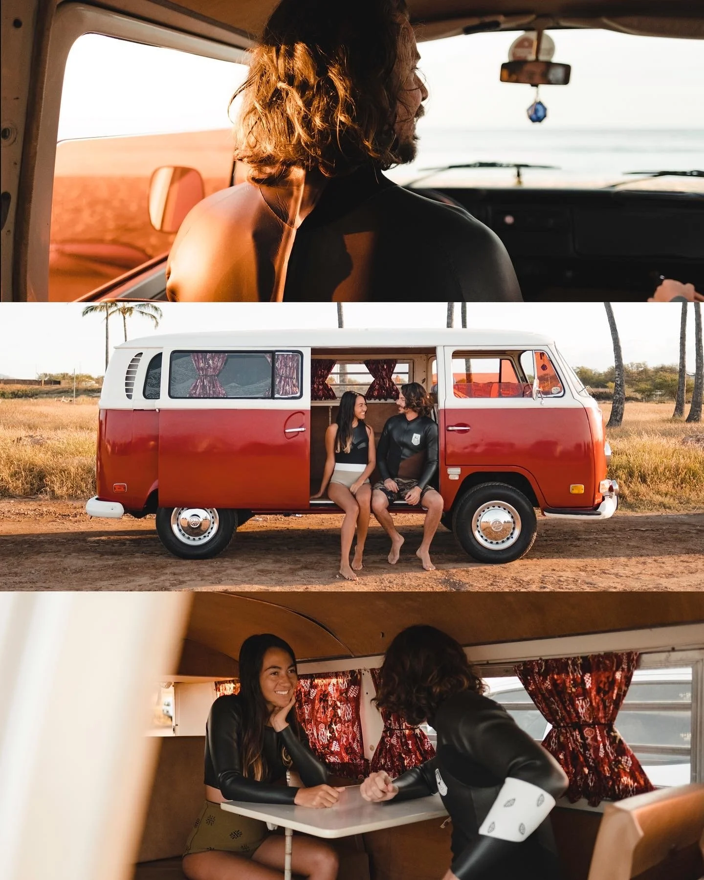 A collage of three images: First image shows a man with long, curly hair, seen from behind, driving a vehicle with a view of the ocean in the background. Second image shows two women sitting on the side of a red and white vintage van, outdoors in a f