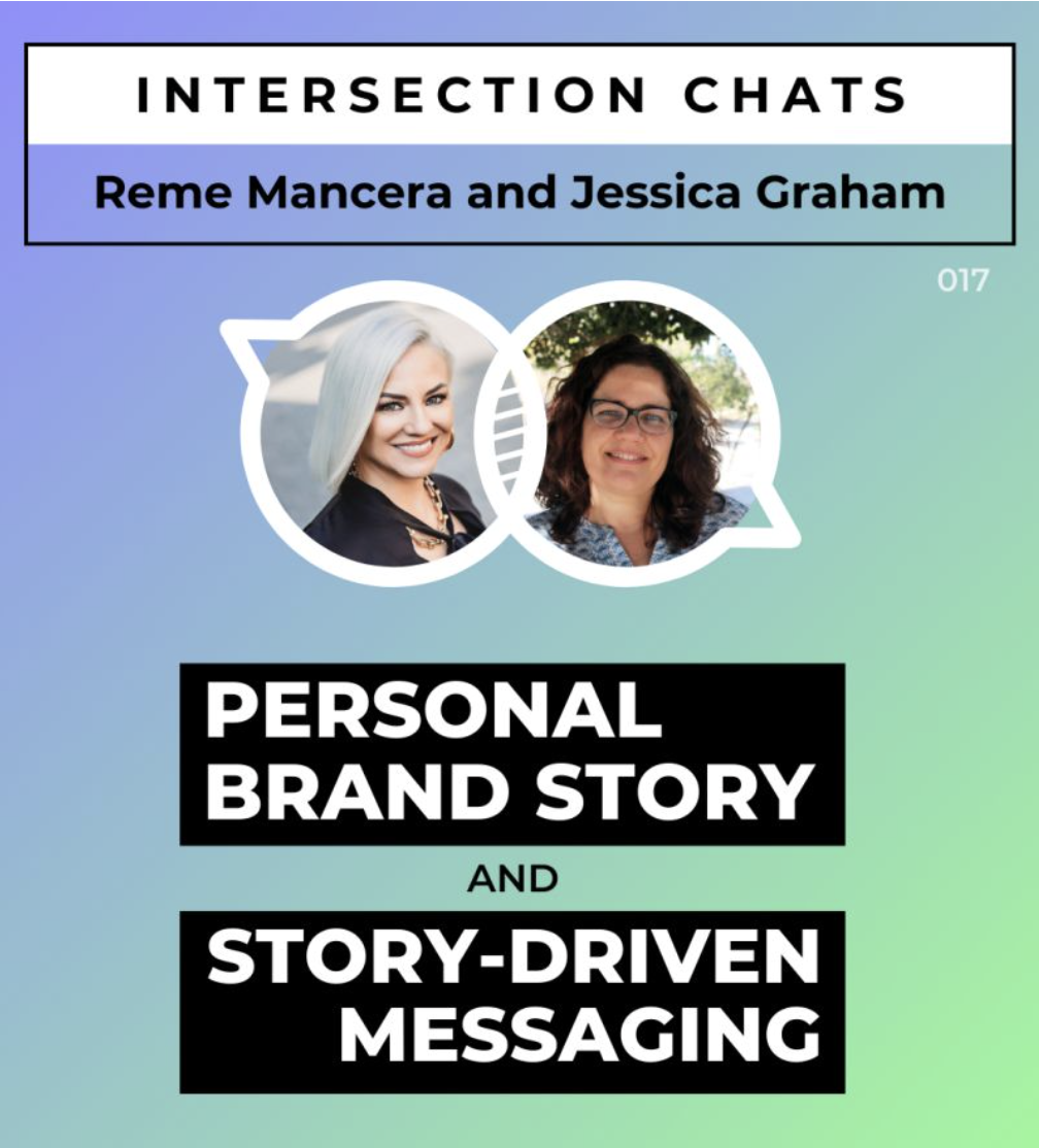 Book cover titled "Intersection Chats" featuring Reme Mancera and Jessica Graham, focusing on personal brand storytelling and message-driven communication.