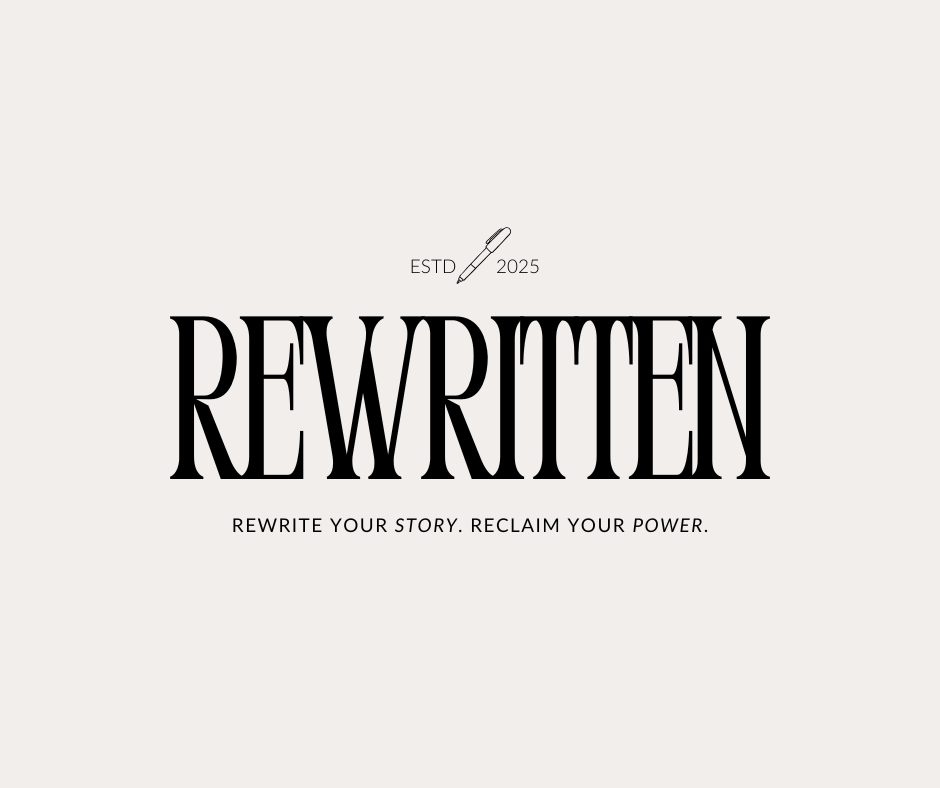 Logo with the word "Rewritten" in large black font, a pen icon, and the text "Rewrite Your Story. Reclaim Your Power."
