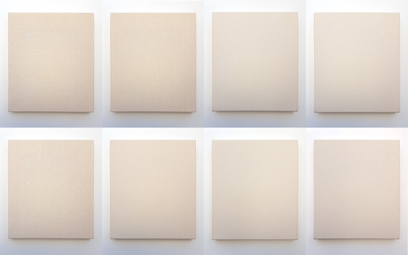 Common Condition, 2020- , various unprimed cotton canvas stretched over canvas bars, each at 14” x 12” (composite image)