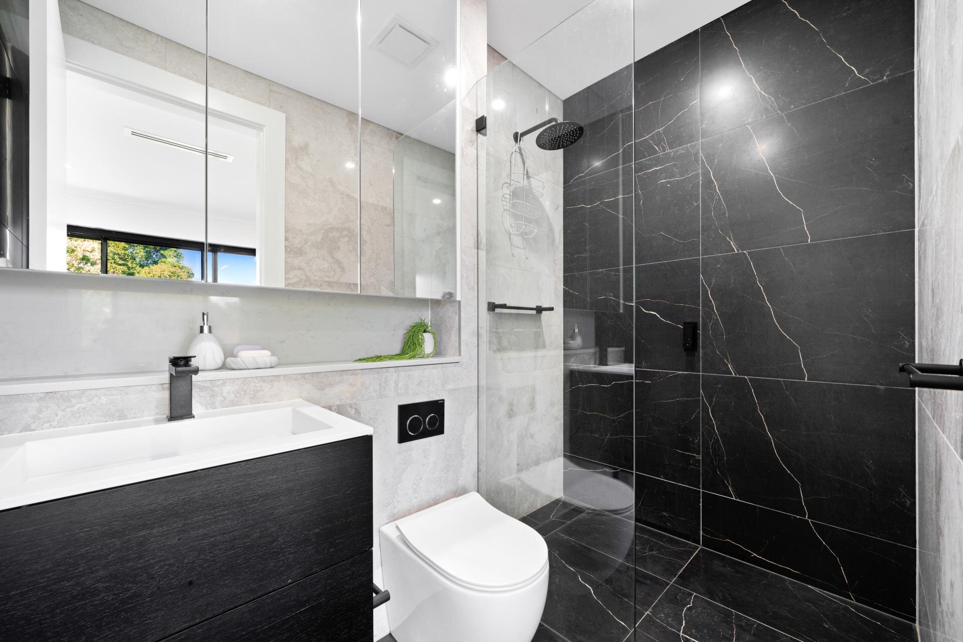 photo of a modern updated bathroom renovation
