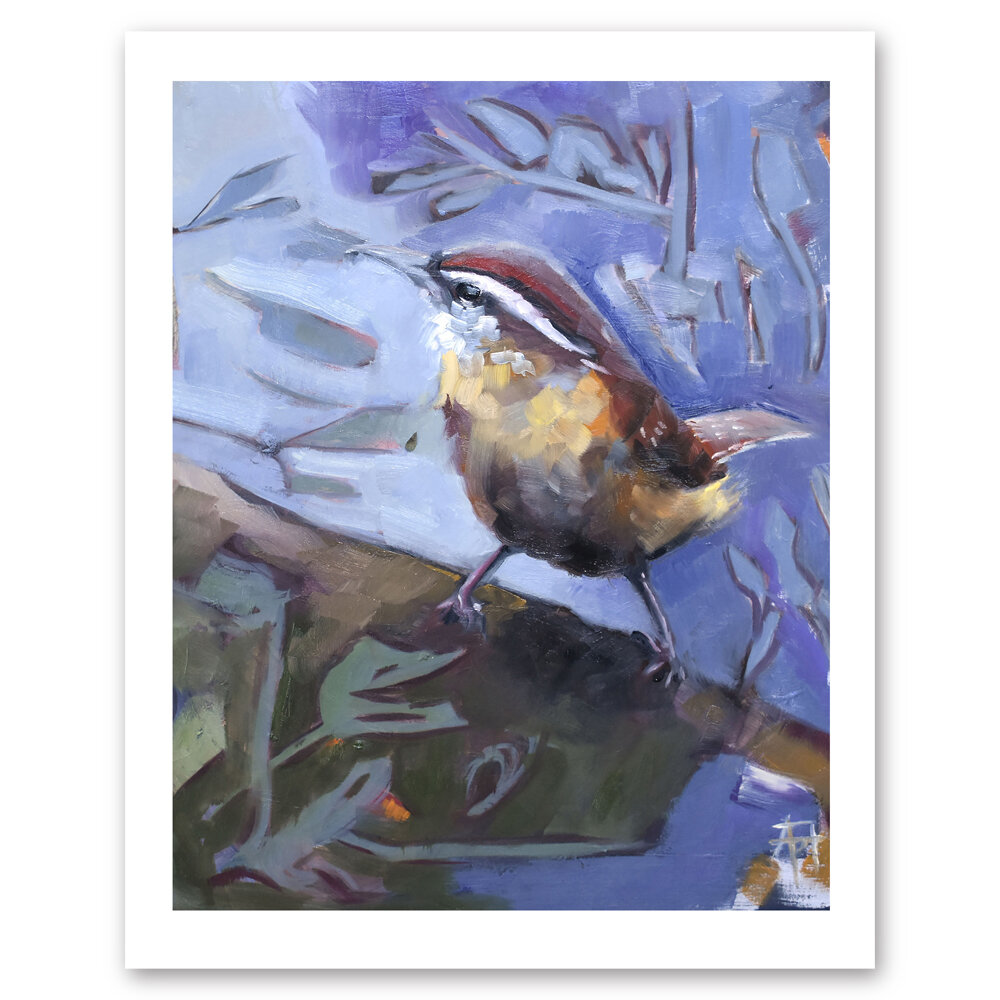 Print of Carolina Wren with lilac purple and blue sky on abstract tree. Has whisical leaves all around.