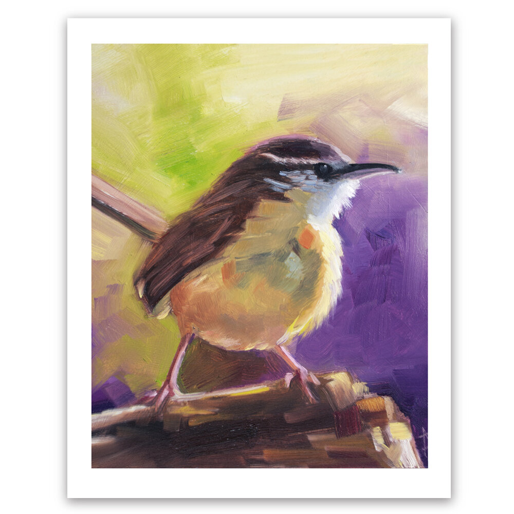Carolina Wren, state bird of South Carolina, gorgeous colorful green,  purple, sunny day as a backdrop, highest quality giclee of original Andie Freeman oil painting