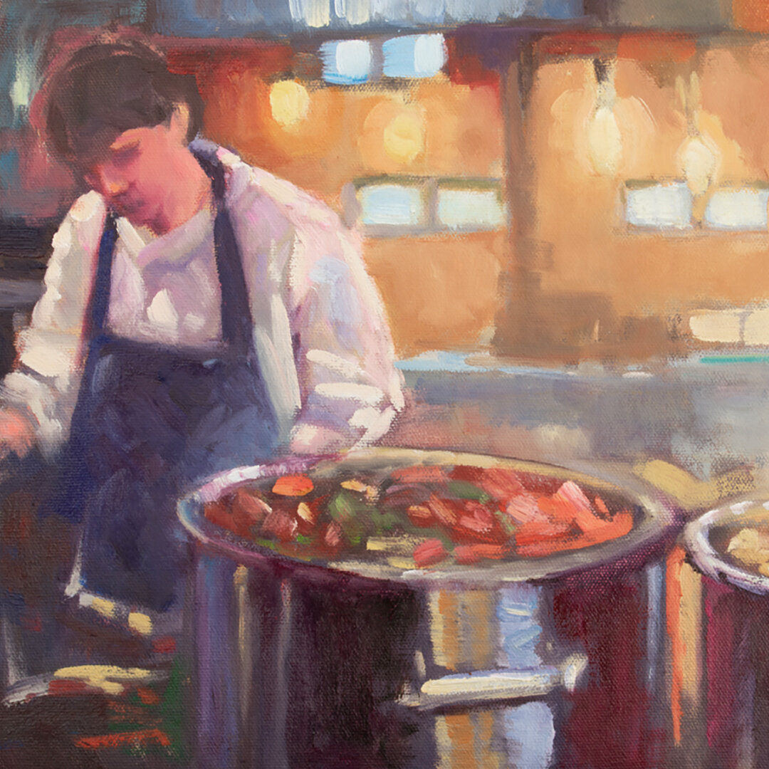 Low Country Boil is a new piece featuring a busy chef in a steamy kitchen. Did you all see The Bear? I got so addicted and it really brought back memories of my food and bev days! This brand new work is in my Holiday Studio Sale! It's at a special pr