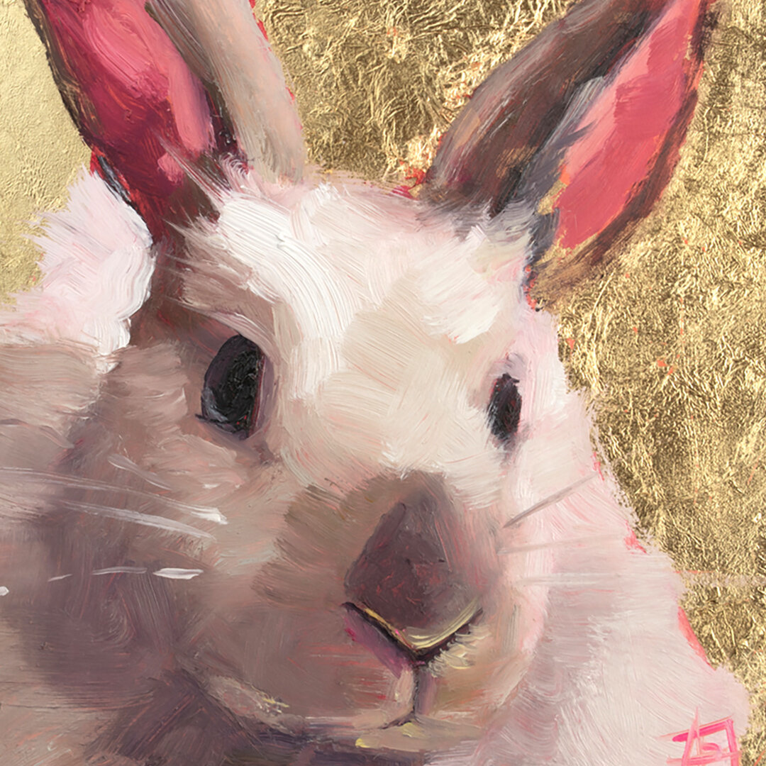 I am in love with Oliver the Bunny! This alla prima oil painting is created on a 6&quot; x 6&quot; cradled panel with gold metal leaf and it would make a great gift for an art lover in your life. It is available today at a special price (my only stud