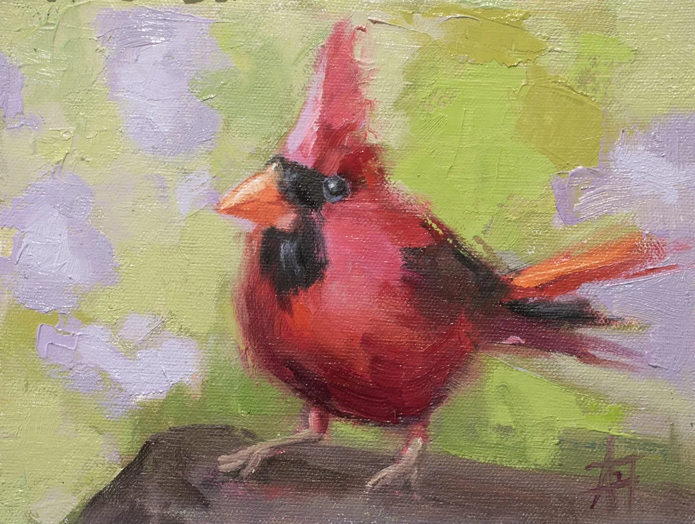 Cardinal in the woods, 6" x 8" oil on panel, framed