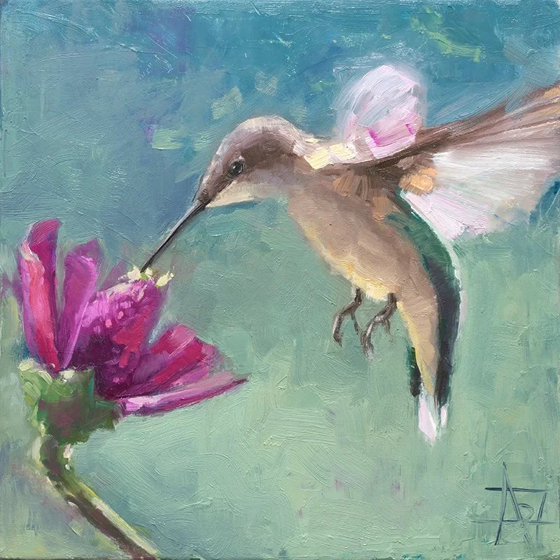 Flit, 8" x 8" oil painting of a hummingbird on cradled panel, ready to hang or sit on a shelf