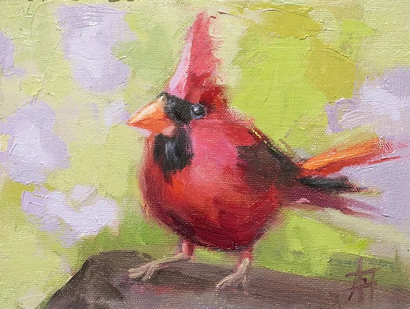 Cardinal in the woods, 6" x 8" oil on panel, framed