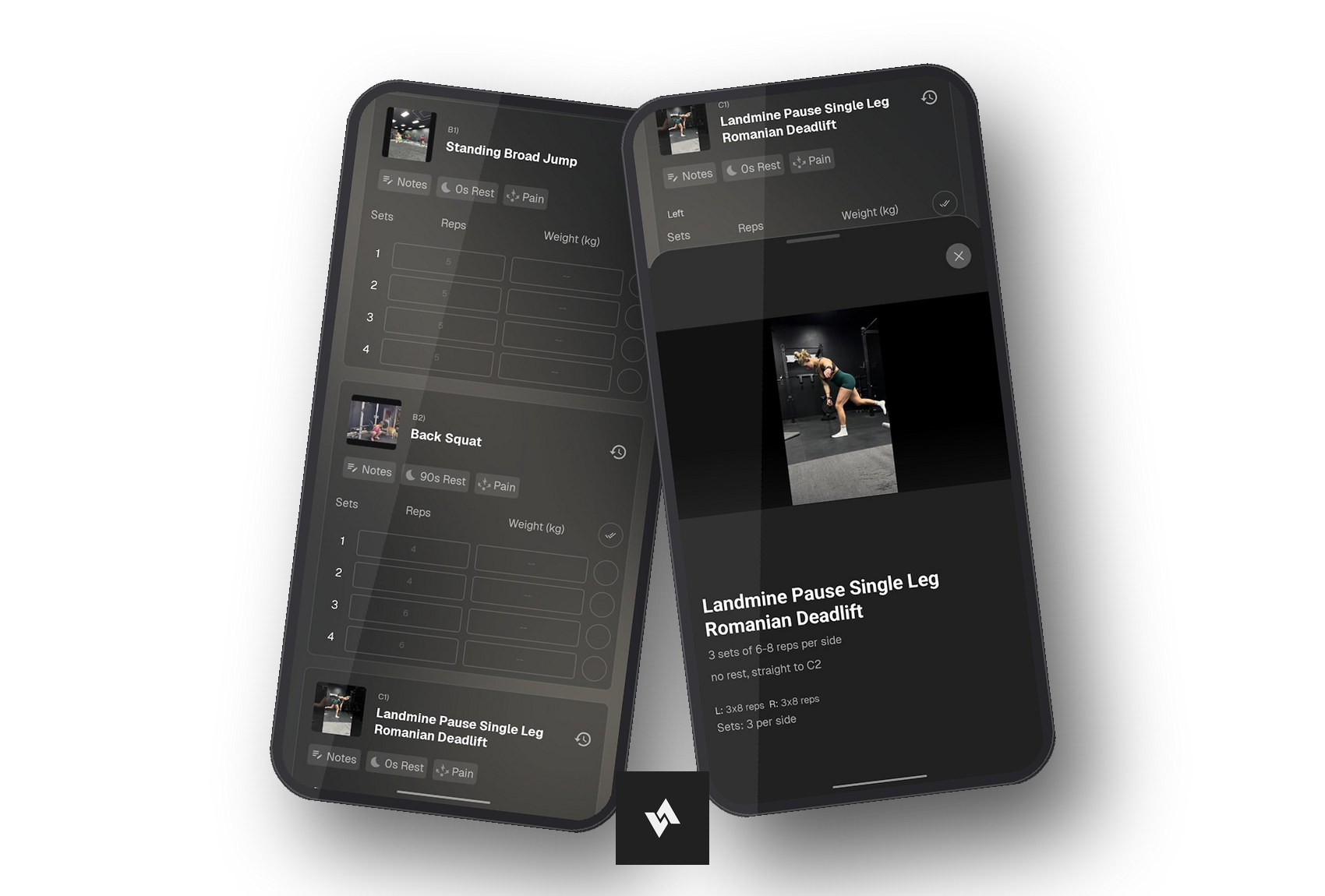 Zwei Smartphone-Bildschirme zeigen eine Workout-App mit Übungen wie Landmine Pause Single Leg Romanian Deadlift und Back Squat, inklusive Fotos, Wiederholungen, Sätzen und Gewichten.