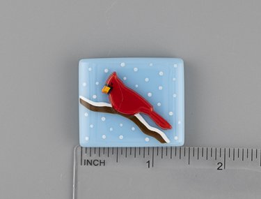 Beau Verre Art Cardinal on Snowy Branch Fused Glass Needle Minder