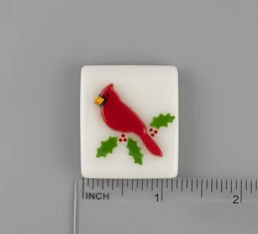 Beau Verre Art Cardinal on Holly Cluster Fused Glass Needle Minder