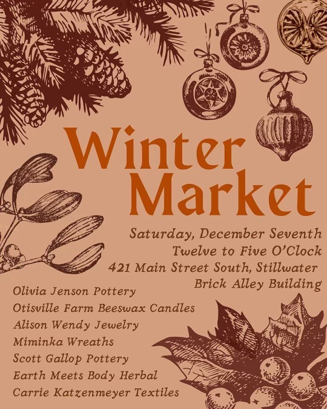 Saturday 12/7 I get to be a guest at @apiarysalon selling work with a fantastic group:

@apiarysalon 
@otisvillefarmcandles 
@alisonwendy1 
@scott.gallop
@earthmeetsbody_herbal 
@carriekat_art 
Miminka Wreaths

It&rsquo;s always a fun sale, and I hop