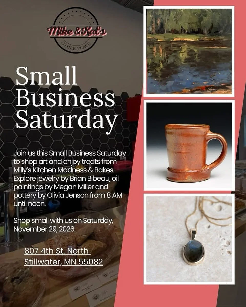 Catch me at @mikeandkatsotherplace in Stillwater 8a-12p selling pots for Small Business Saturday (11/29). 

Join me for a cup of coffee and shop small! ✨

#pottery #shopsmall #smallbusinesssaturday #functionalpottery #art #ceramicart #potter #handmad