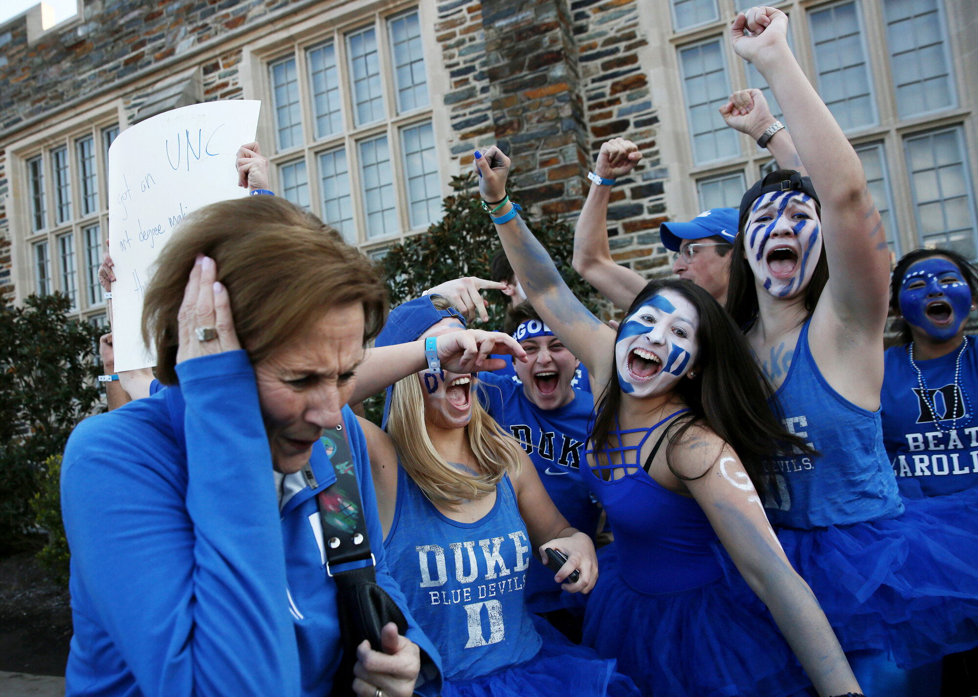  Duke students get hype outside Cameron Indoor Stadium before the game against rival North Carolina. 