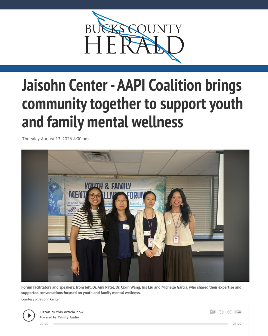  Bucks County Herald  
   
 
"Jaisohn Center - AAPI Coalition Brings Community Together to Support Youth and Family Mental Wellness"
   
  - 8/13/2026
