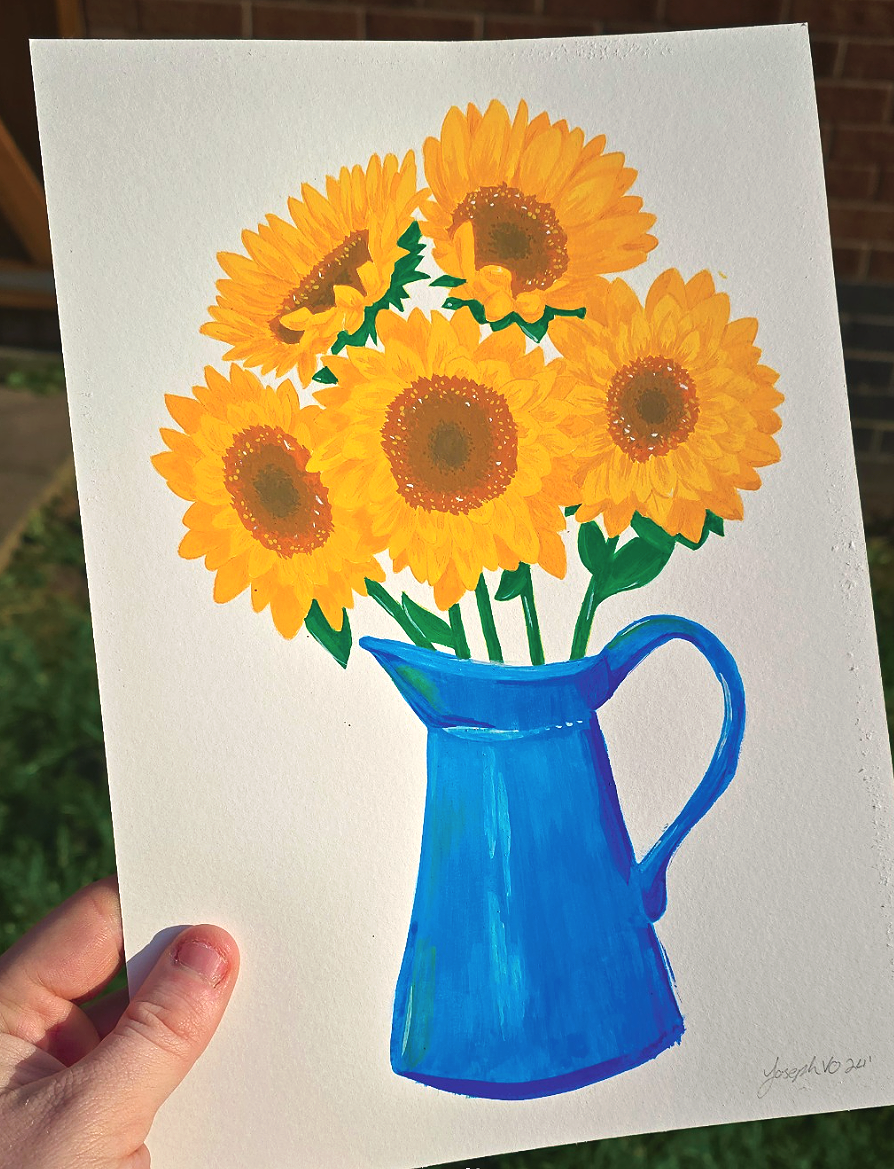 A colorful painting of a bouquet of sunflowers in a blue pitcher held outdoors, with a brick wall background.