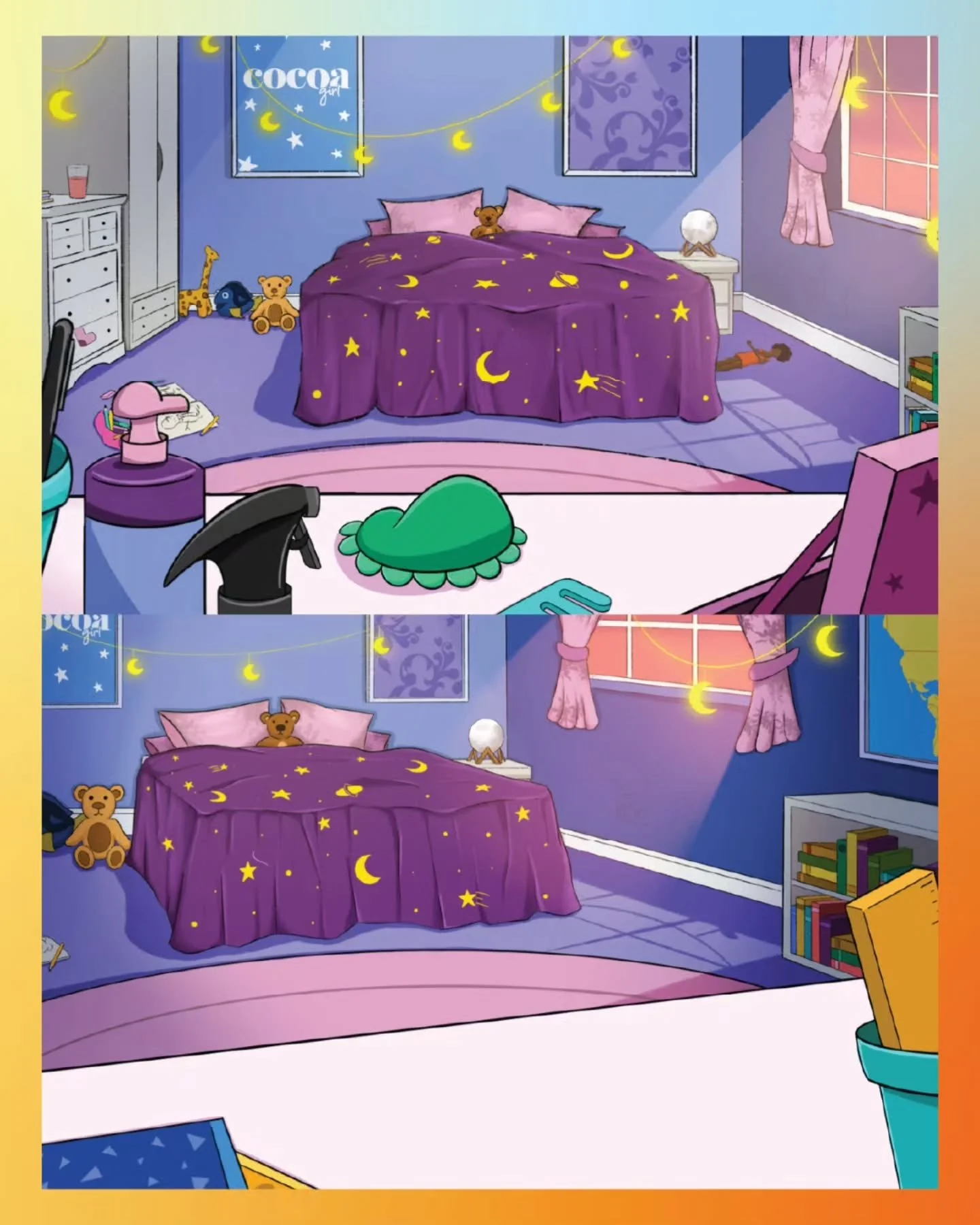 Looking back at one of the many backgrounds I painted during my third year at uni. Still a favourite! 🎨 The goal was a vibrant, messy-but-fun young girl's bedroom, using bright palettes and fun shapes to set the scene for a film about hair care.

I'