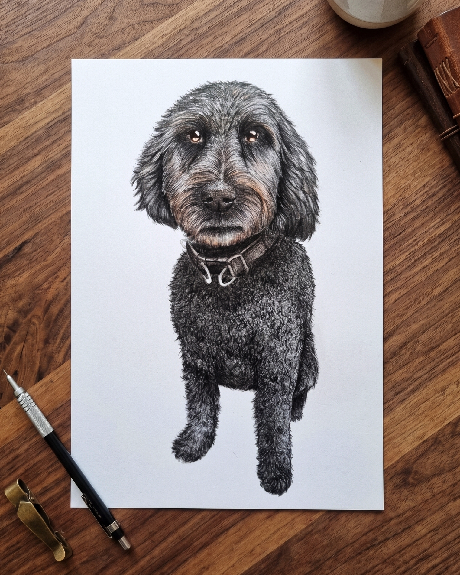 A realistic colored pencil drawing of a black and gray dog with long ears, wearing a collar, on white paper placed on a wooden surface.