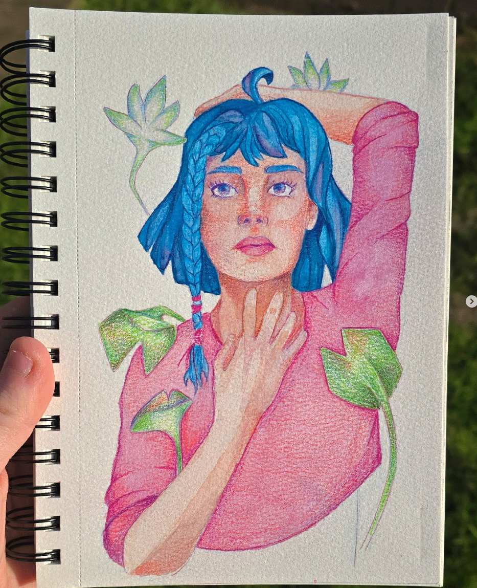 Colored pencil drawing of a woman with blue braided hair, green leaves, and pink sleeves, with her hand touching her neck and her other arm raised.