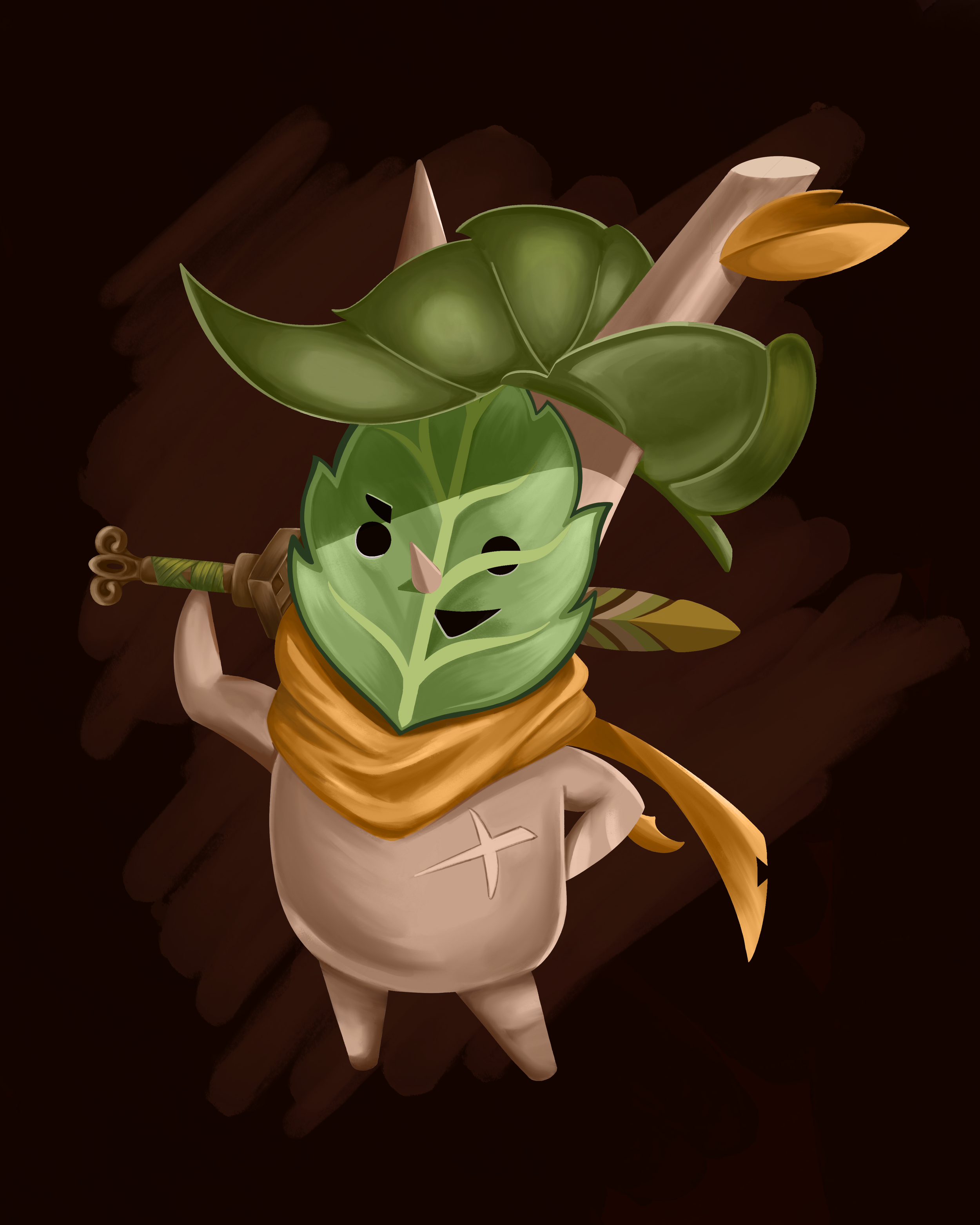 A cartoon character with a green, leafy face mask, light skin, and a yellow cape, holding a sword with a curly hilt, standing against a dark background.