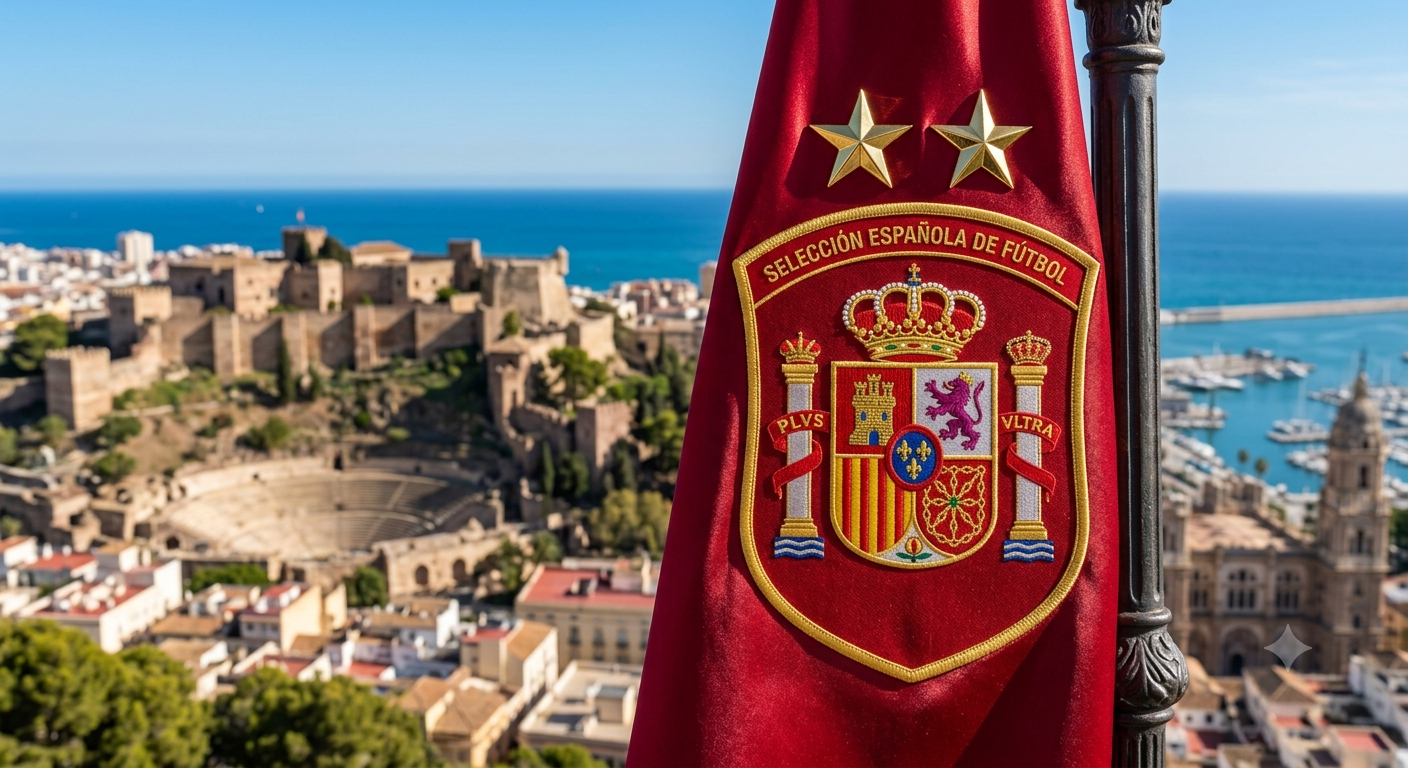 Escudo de la selección española de fútbol con las dos estrellas encima por ganar sendos mundiales de 2010 y 2026 con la ciudad de Málaga de fondo, donde el psicólogo Javier Sánchez Gil realiza sesiones de psicoterapia.