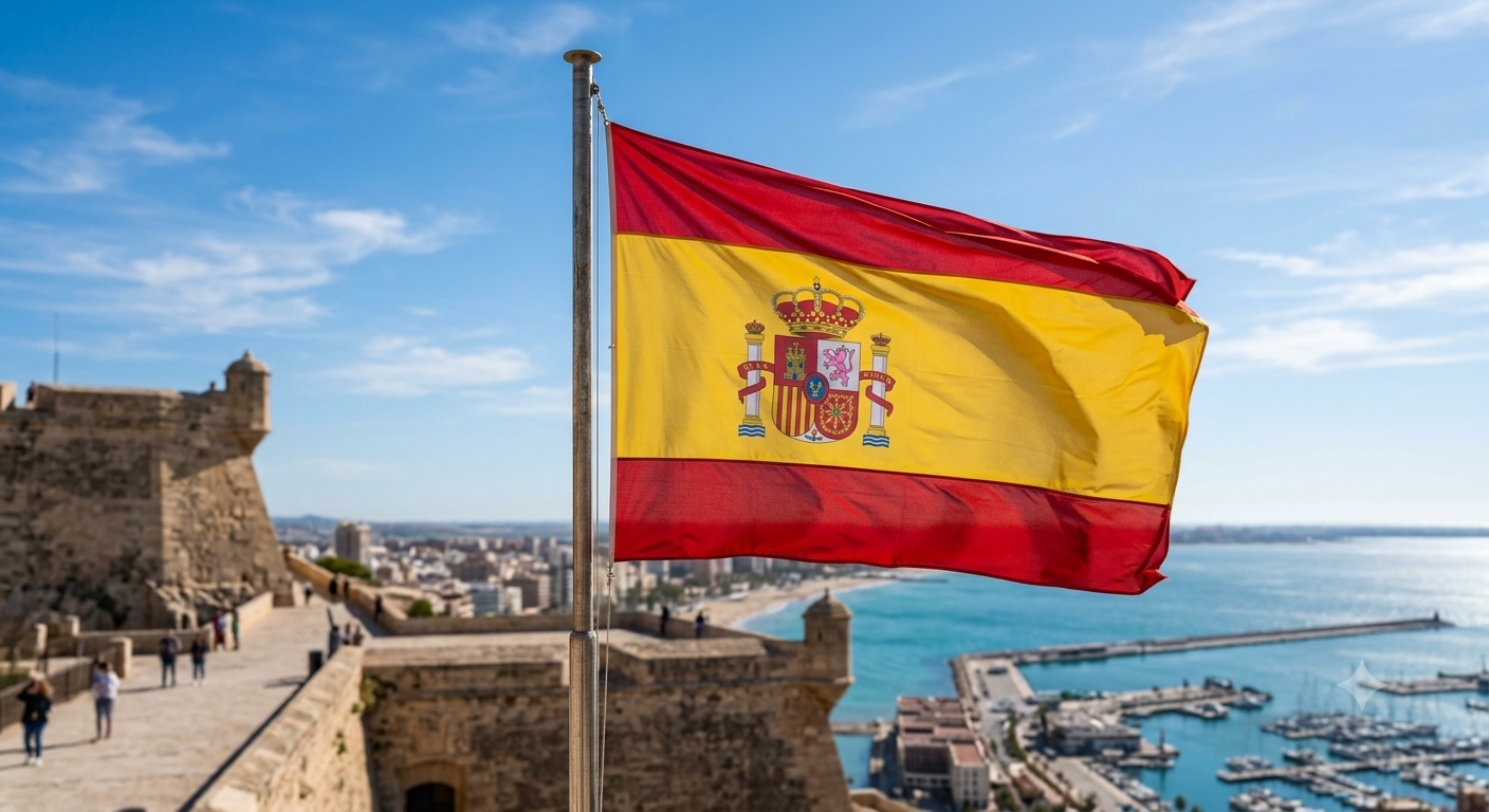 Imagen de una bandera española con el fondo de Málaga, ciudad donde el psicólogo Javier Sánchez Gil realiza psicoterapia.
