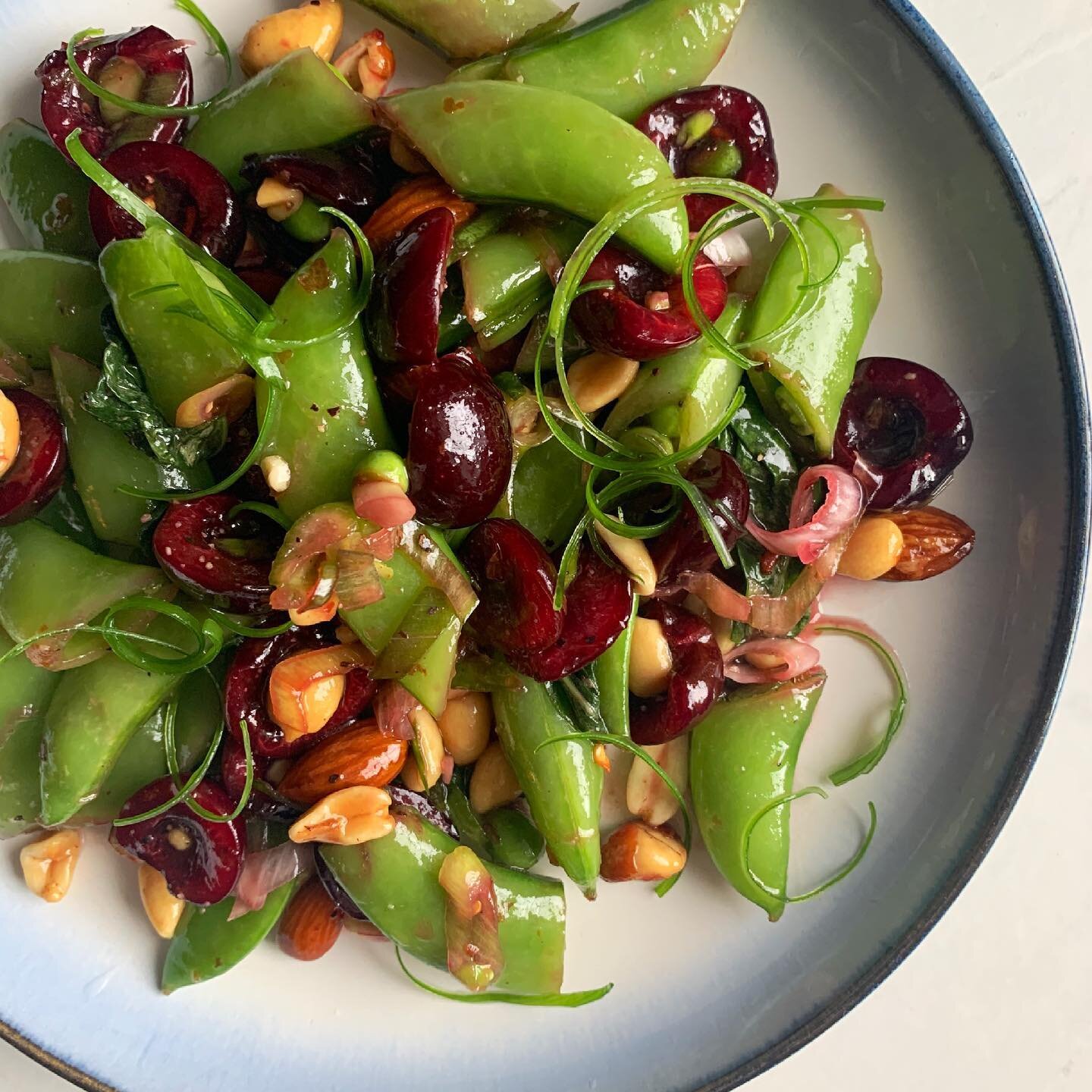 [inspired by] @jj__mc&rsquo;s sugar snap peas with pickled cherries and peanuts from #sixseasons. Thanks to @waldingfieldfarmct for the produce!