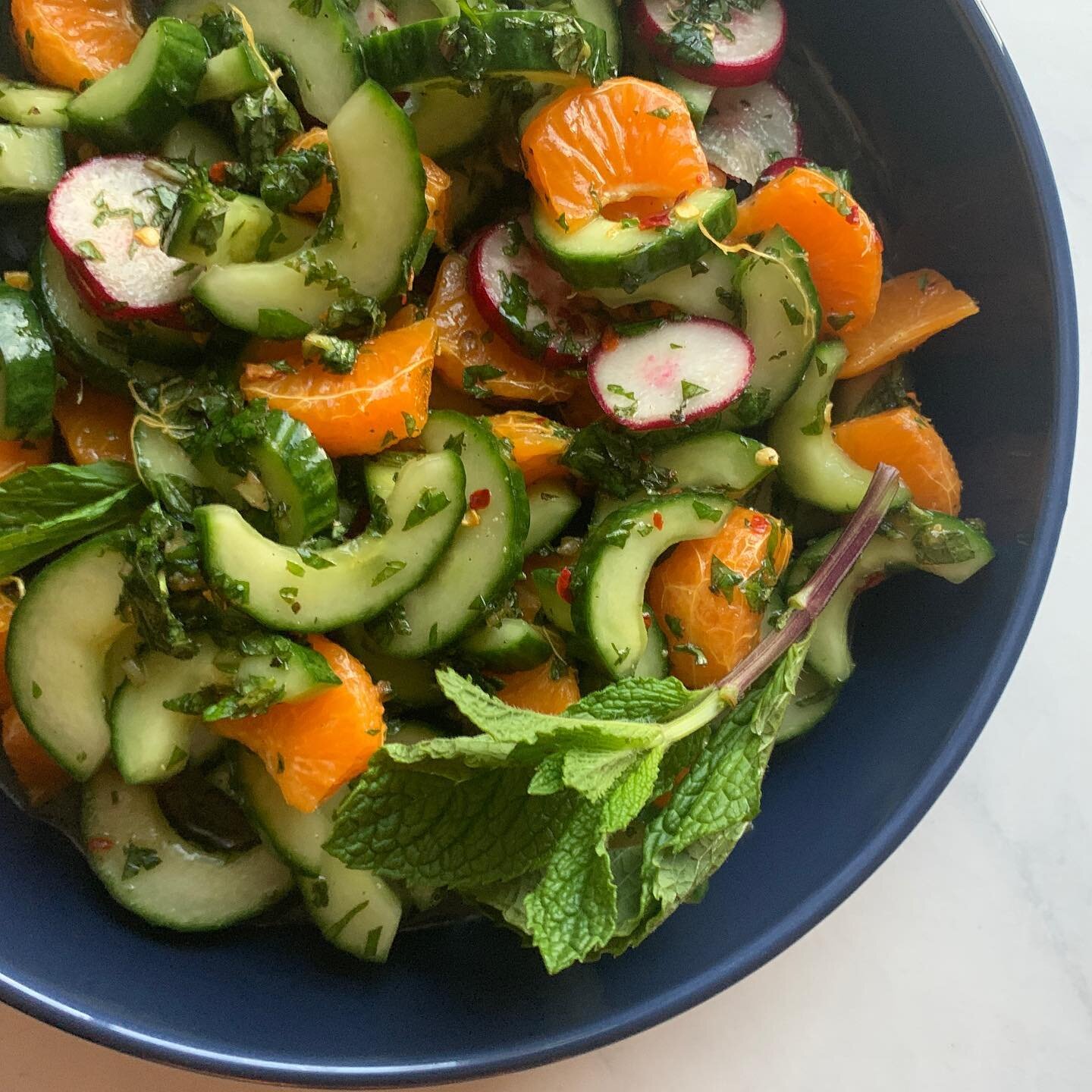 Cucumber, clementine, and mint salad (snuck in a few radishes too) adapted from the @when.way cookbook @drcrupain @drmichaelroizen