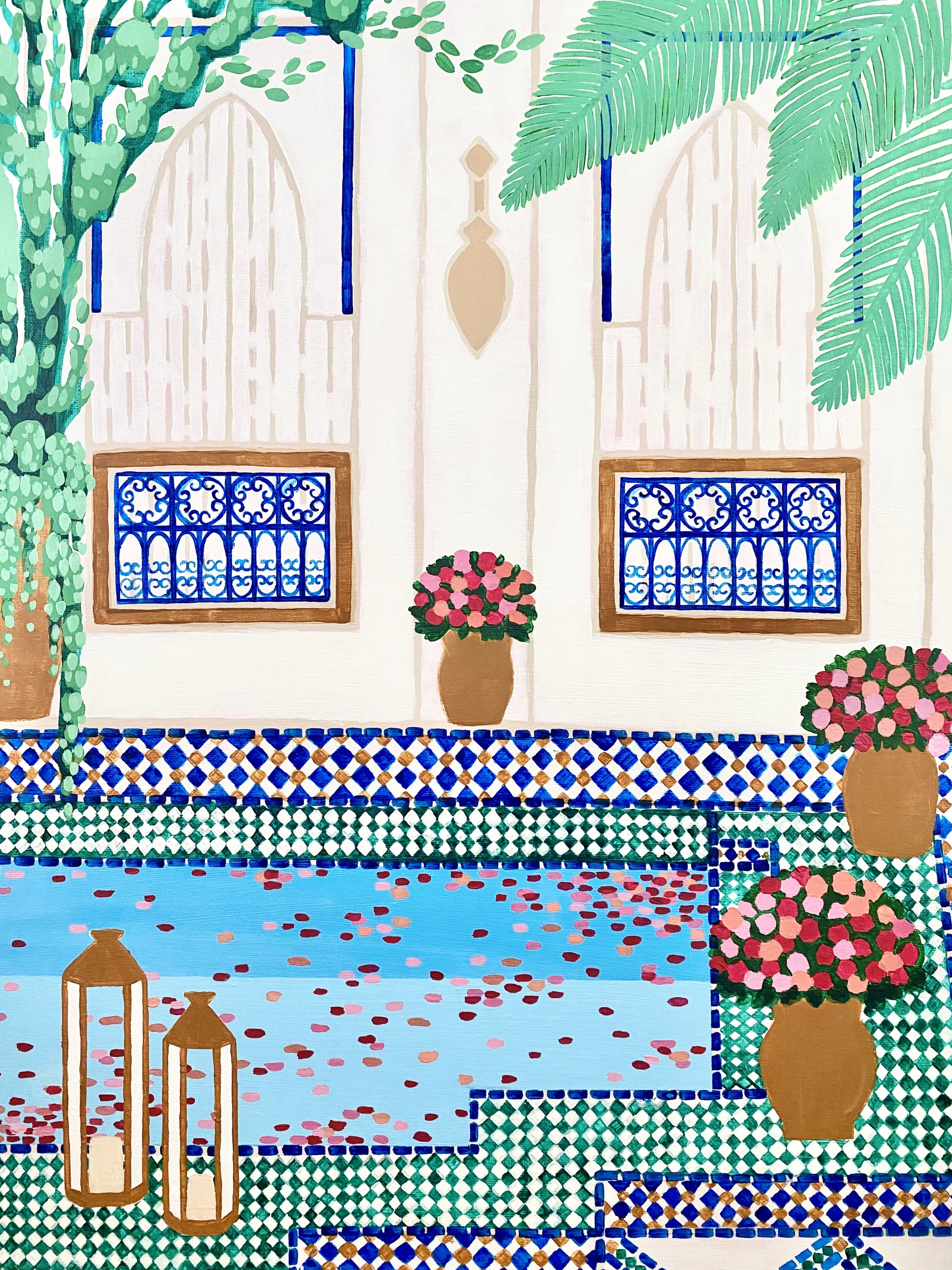 “Riad Tamarrakecht”, Acrylic on Canvas, 18x24, $850