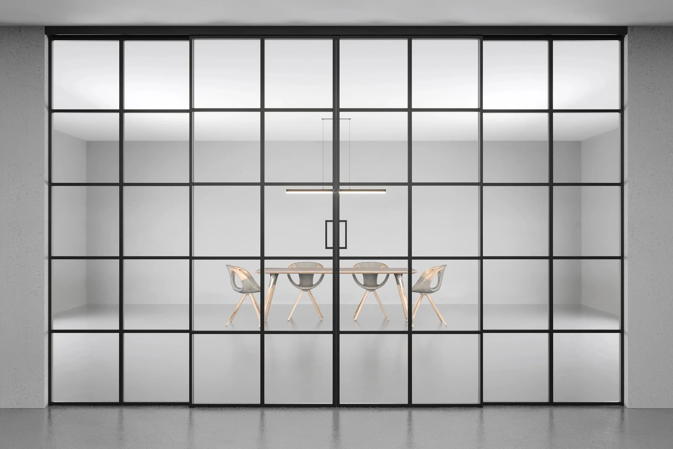 Steel & Aluminium Sliding glass partitions, glass partitions, model diez, sliding aluminium doors in 4 leafs.