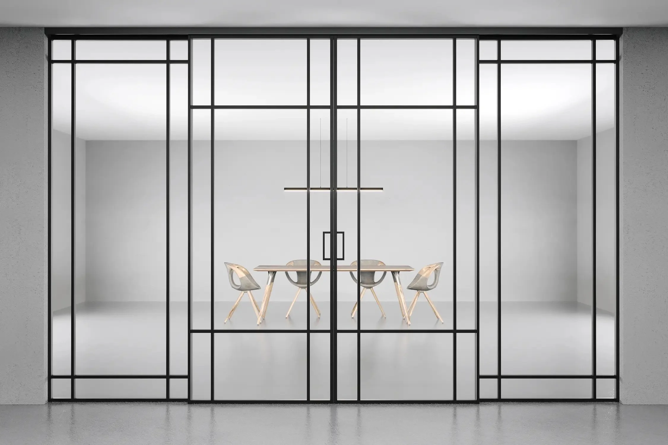 Steel & Aluminium Sliding glass partitions, glass partitions, model deco, steel glass black partitions.