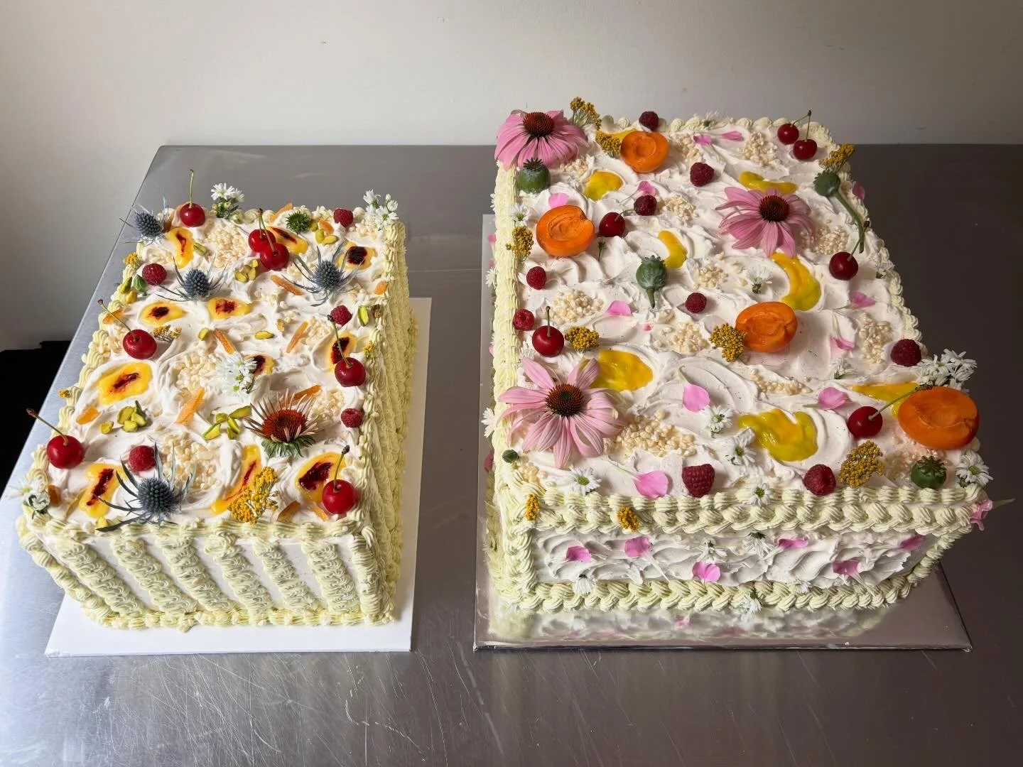I & D  
left: pistachio cake / meyer lemon curd / pickled berry jam / brown butter tonka bean Swiss meringue buttercream  
right: gluten free passion fruit cake / passion fruit curd / lime curd / brown butter tonka bean Swiss meringue buttercream
