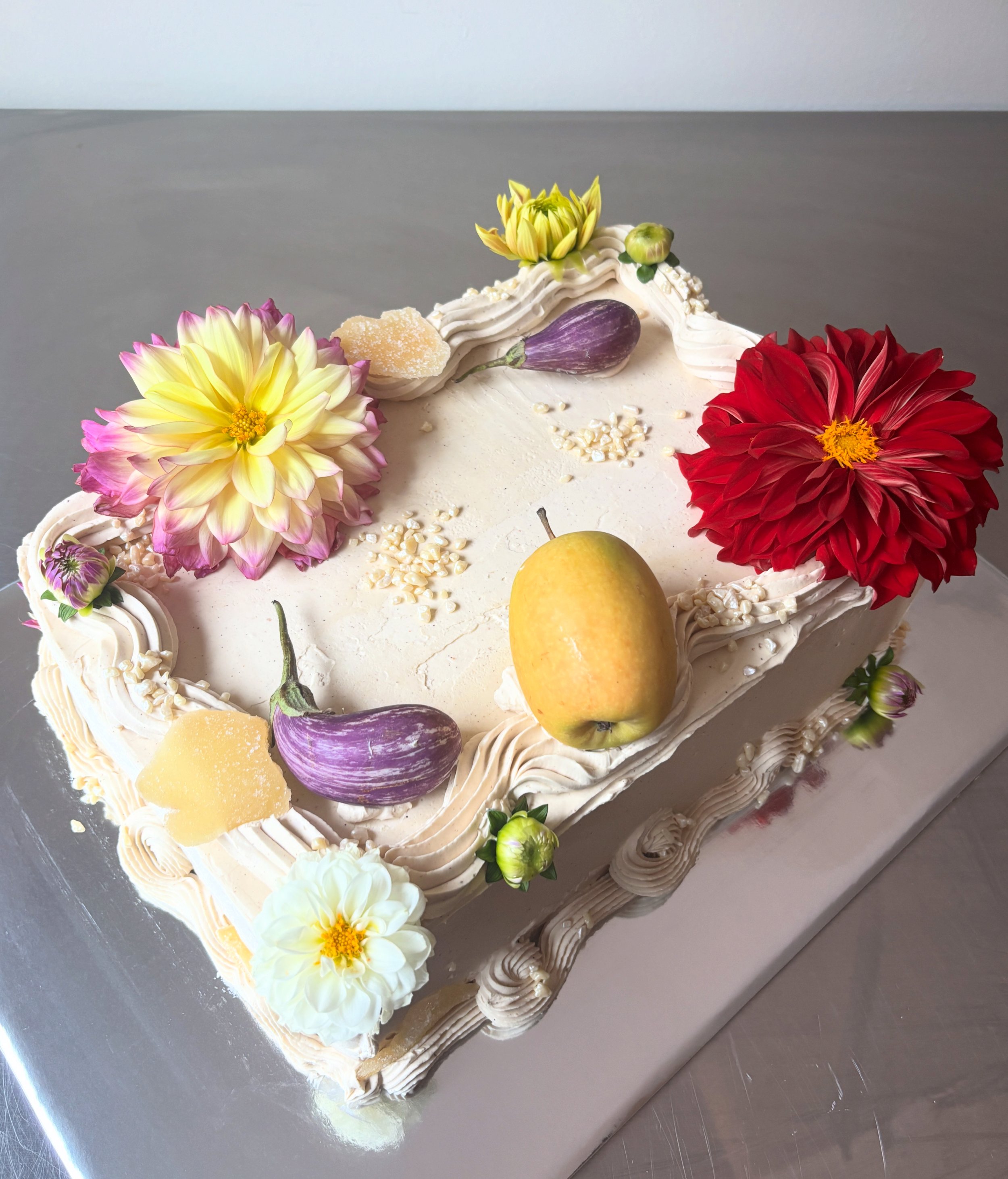 L & J   gluten free oat chiffon cake / black raspberry jam / tahini caramel / brown sugar buttercream (quarter sheet)