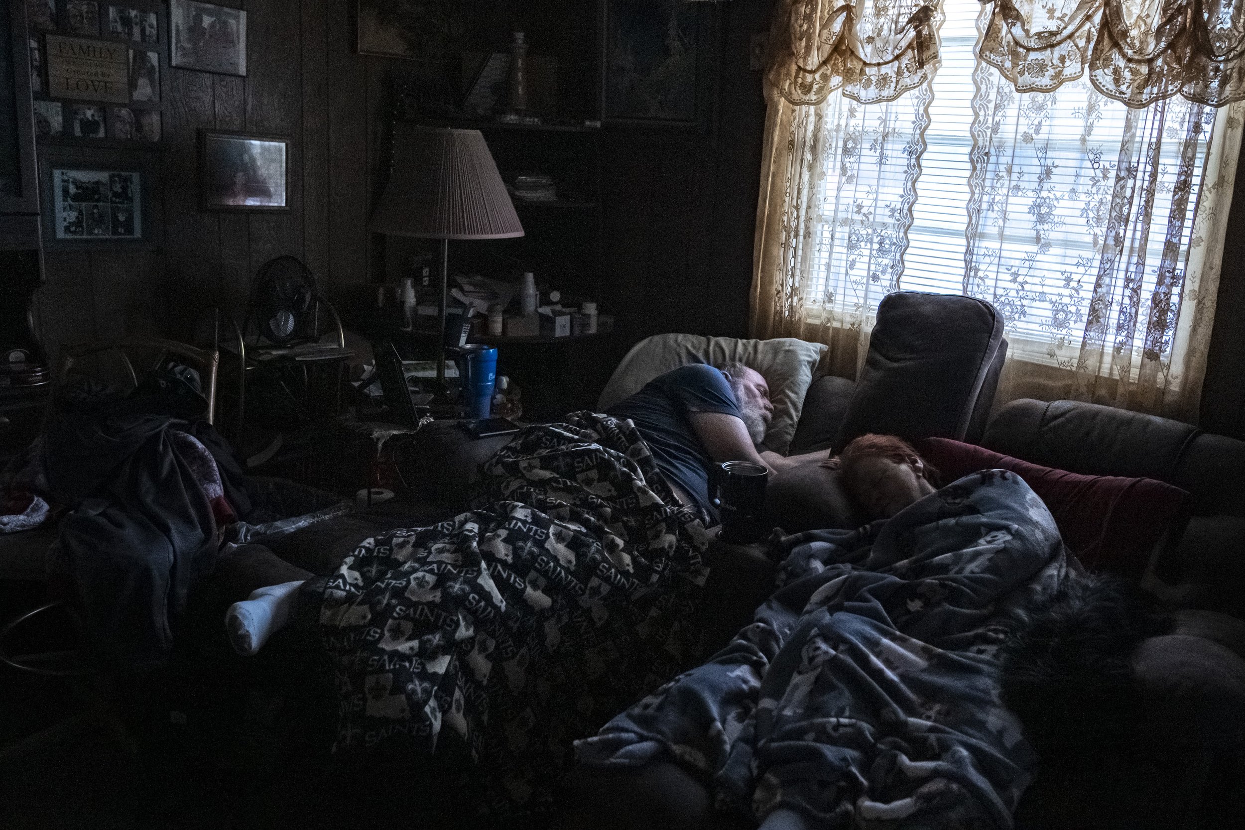  The Roberts sleep next to each other in their recliners in the early morning. He sleeps next to Lynne so that he can be available if she wakes up in the middle of the night. “My goal is to make her last part of life fright free,” Wayne said. “I neve