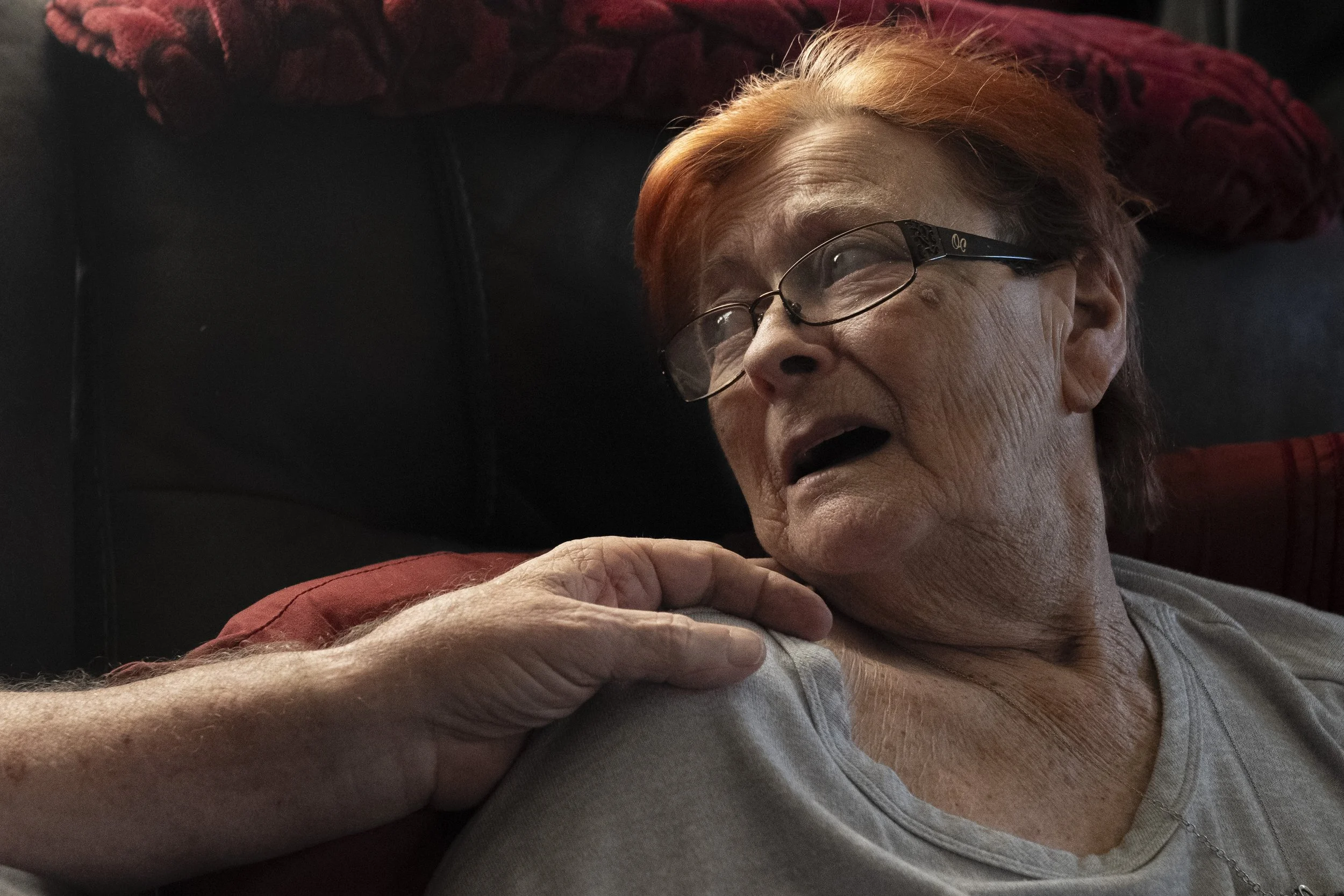  Lynne Roberts looks at Wayne Roberts as he gently touches her shoulder on Thursday, Sept. 28, 2023. “My love for her in a lot of ways has grown because of what she’s going through,” said Wayne. “And all I can do for her is to make it as easy for her