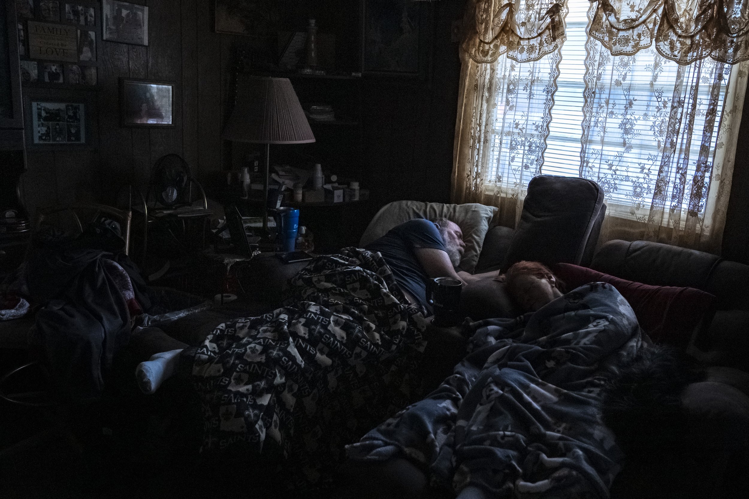  The Roberts sleep next to each other in their recliners in the early morning. He sleeps next to Lynne so that he can be available if she wakes up in the middle of the night. “My goal is to make her last part of life fright free,” Wayne said. “I neve