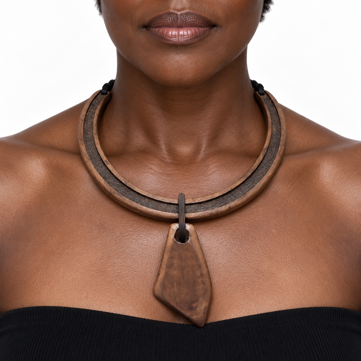Textured Walnut Collar with Geometric Pendant