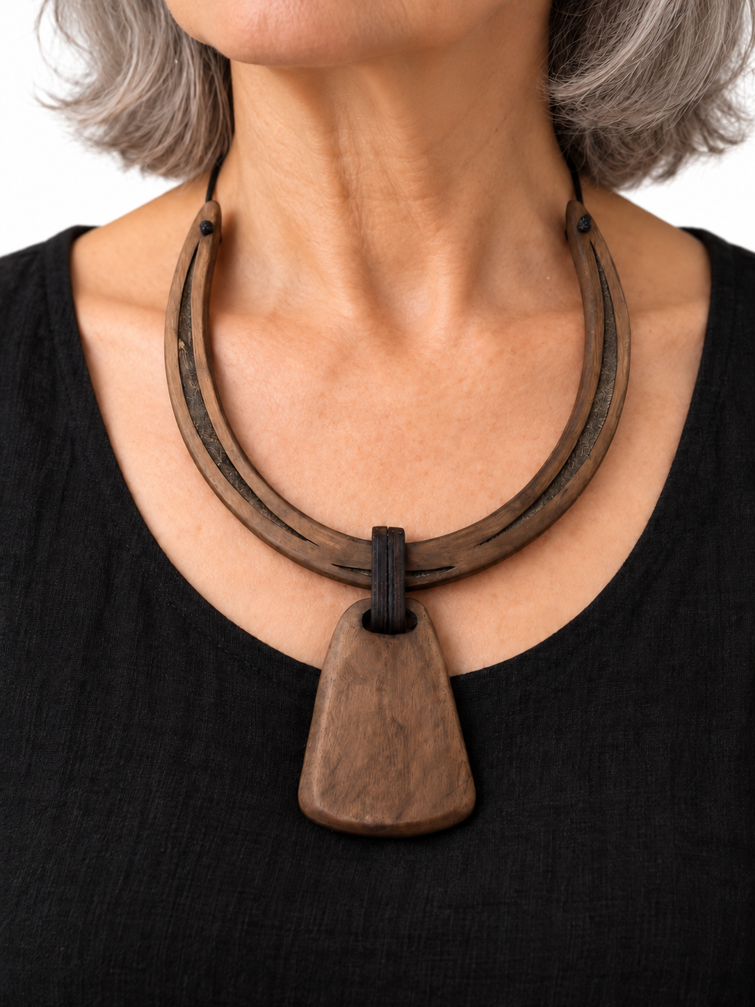 Channel-Sculptural Walnut Collar Necklace