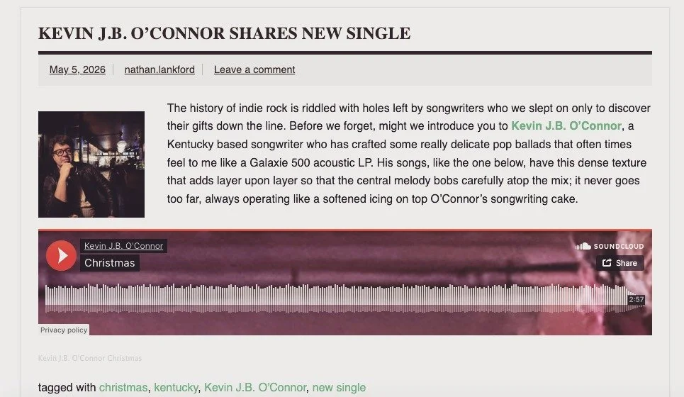 https://austintownhall.com/2026/05/05/kevin-j-b-oconnor-shares-new-single/

Thanks to Austin Town Hall for sharing my new single, "Christmas" 😊