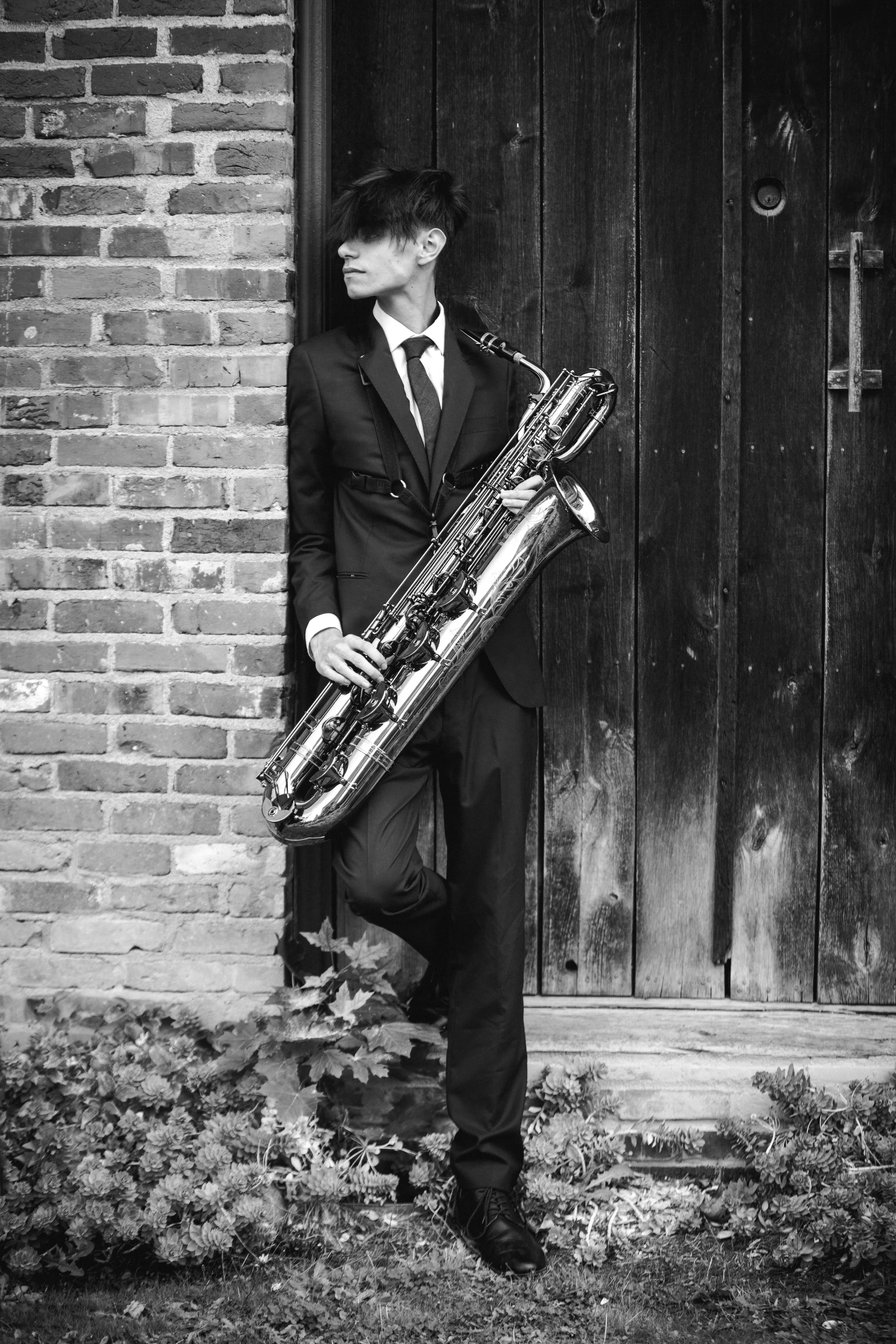 Senior portrait of musician with saxophone in Fairhaven, Wa