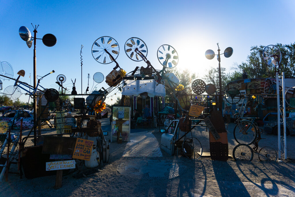 The main entrance to East Jesus, Slab City. This garden of art installations made out of trash was definitely one of the most interesting things to do in Slab City.