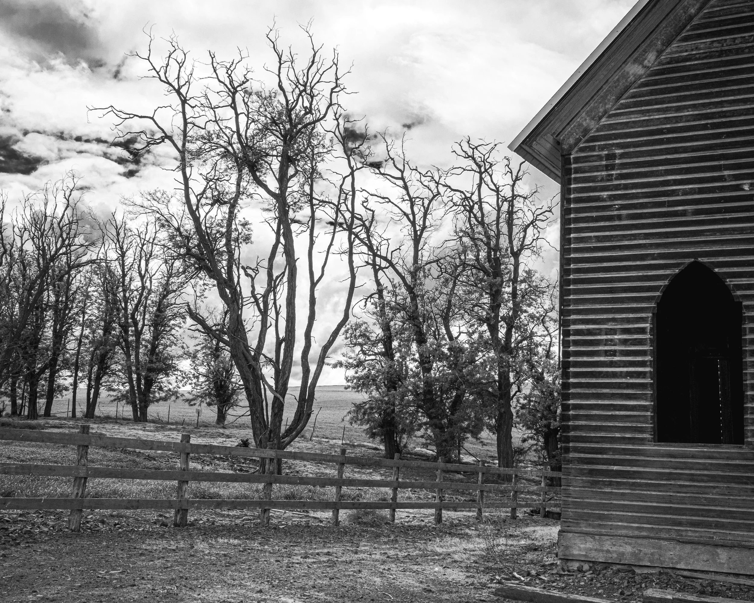 Old Church and Fence Wasco B&W