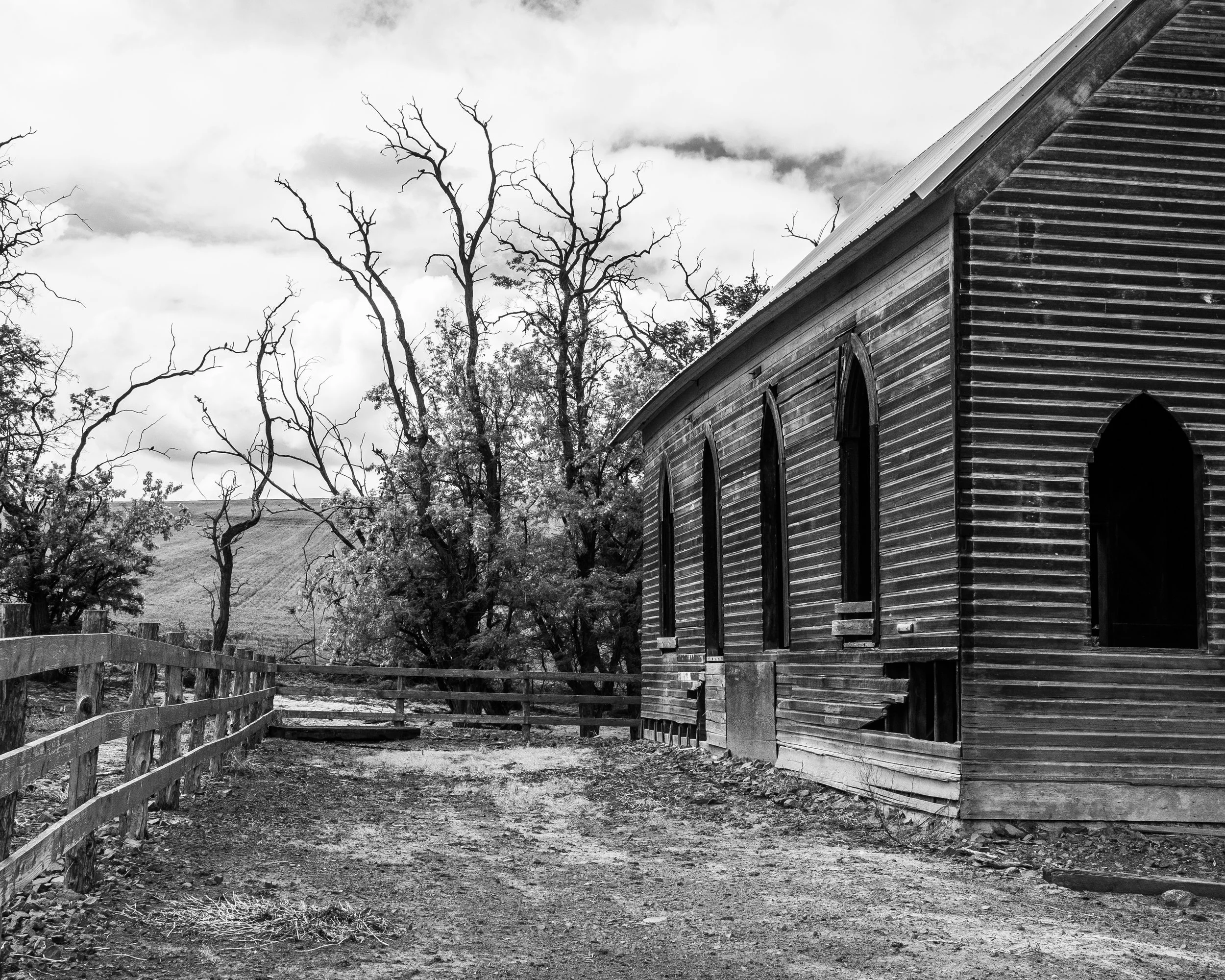 Old Church and Pasture Wasco B&W
