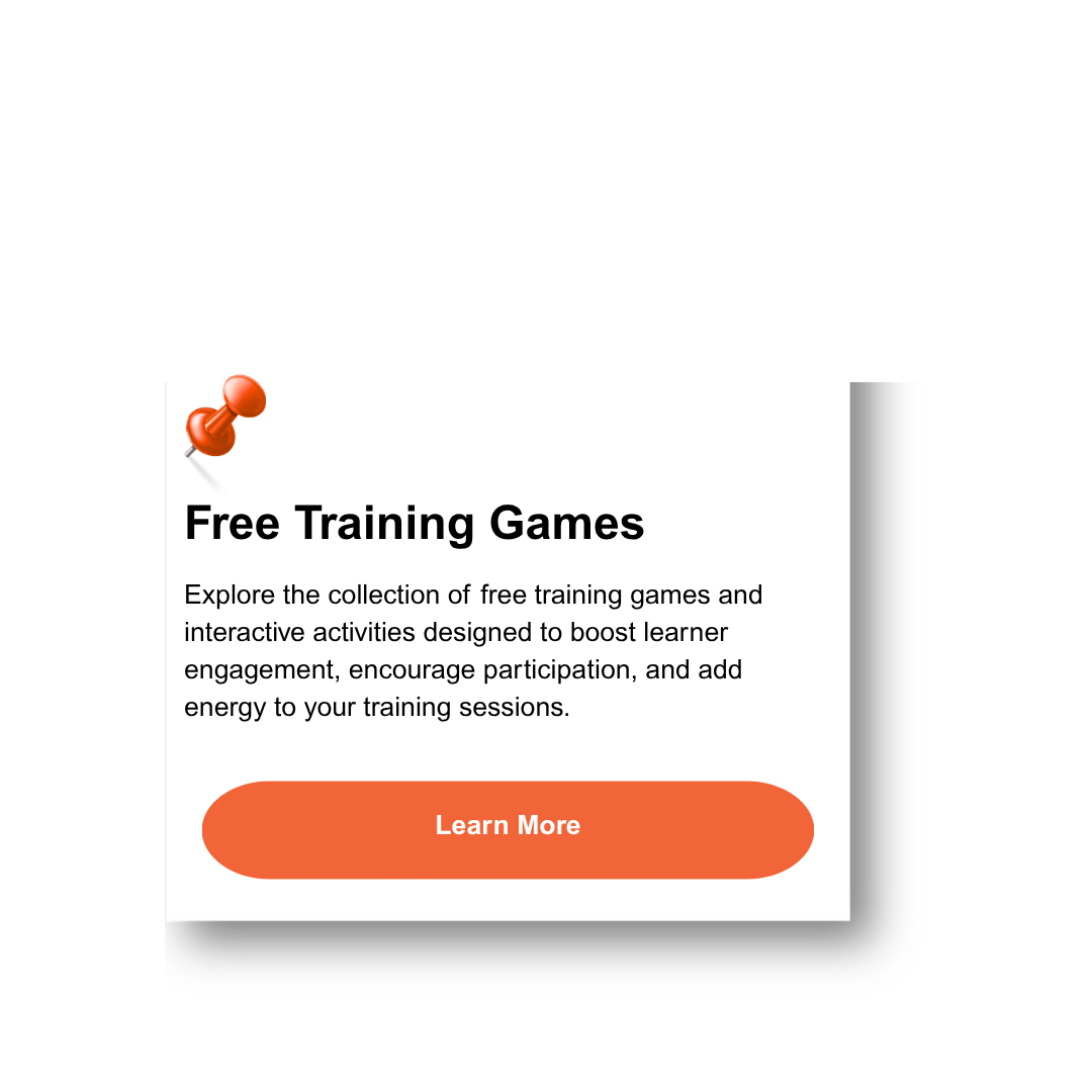A white card with a red pushpin icon at the top left corner contains text promoting free training games. The text reads 'Free Training Games' in large bold font, followed by a description and an orange 'Learn More' button.