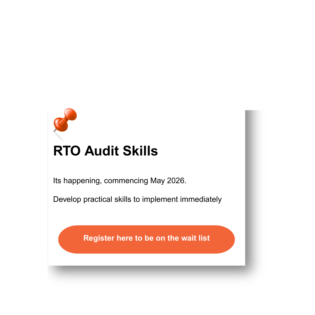 A black background with a white information card pinned with a red pushpin. The card details an upcoming RTO Audit Skills training starting in May 2026, with a call to action button that says 'Register here to be on the wait list' in white text on an orange oval.