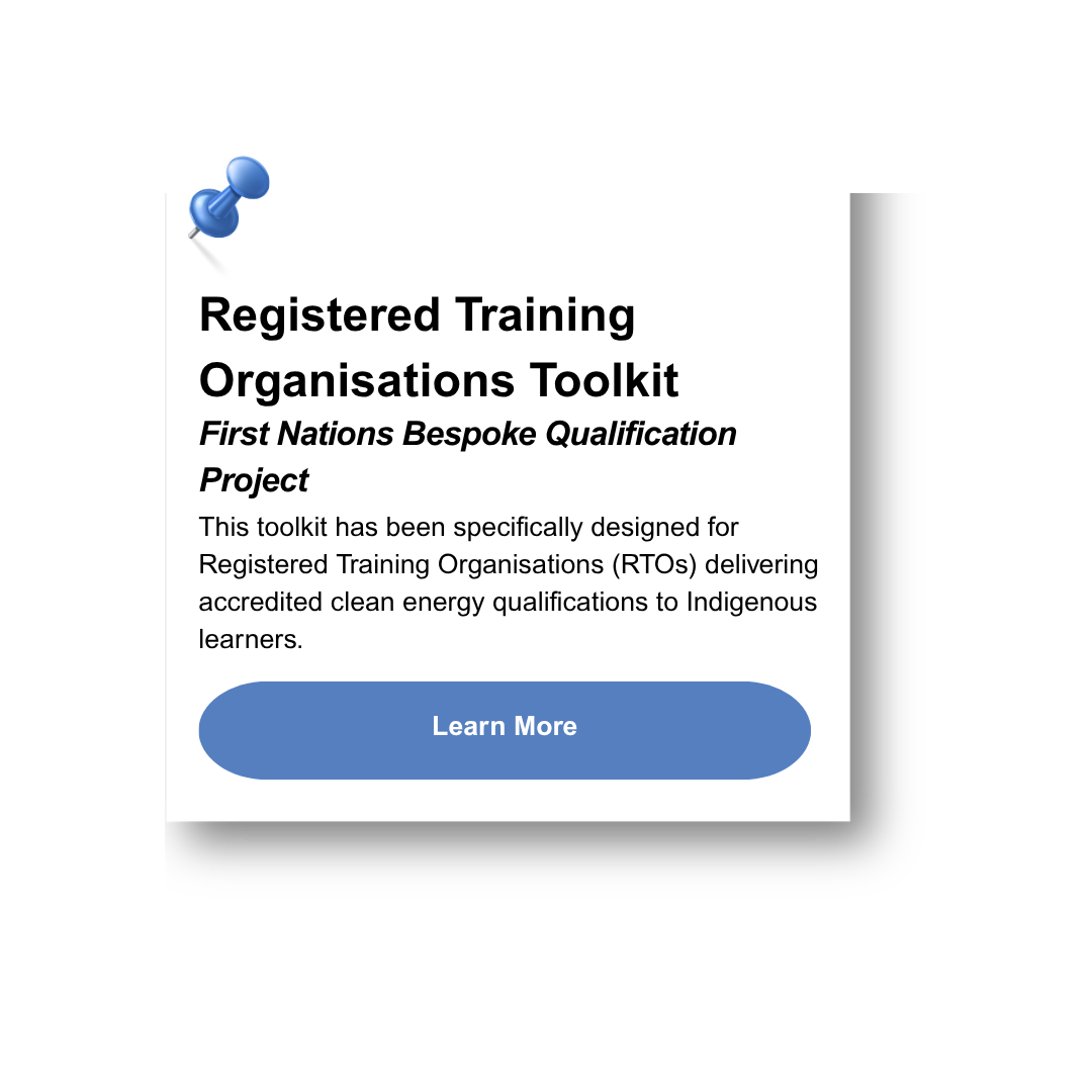 Digital flyer for a training toolkit titled 'Registered Training Organisations Toolkit' for the First Nations Bespoke Qualification Project, with a blue 'Learn More' button.