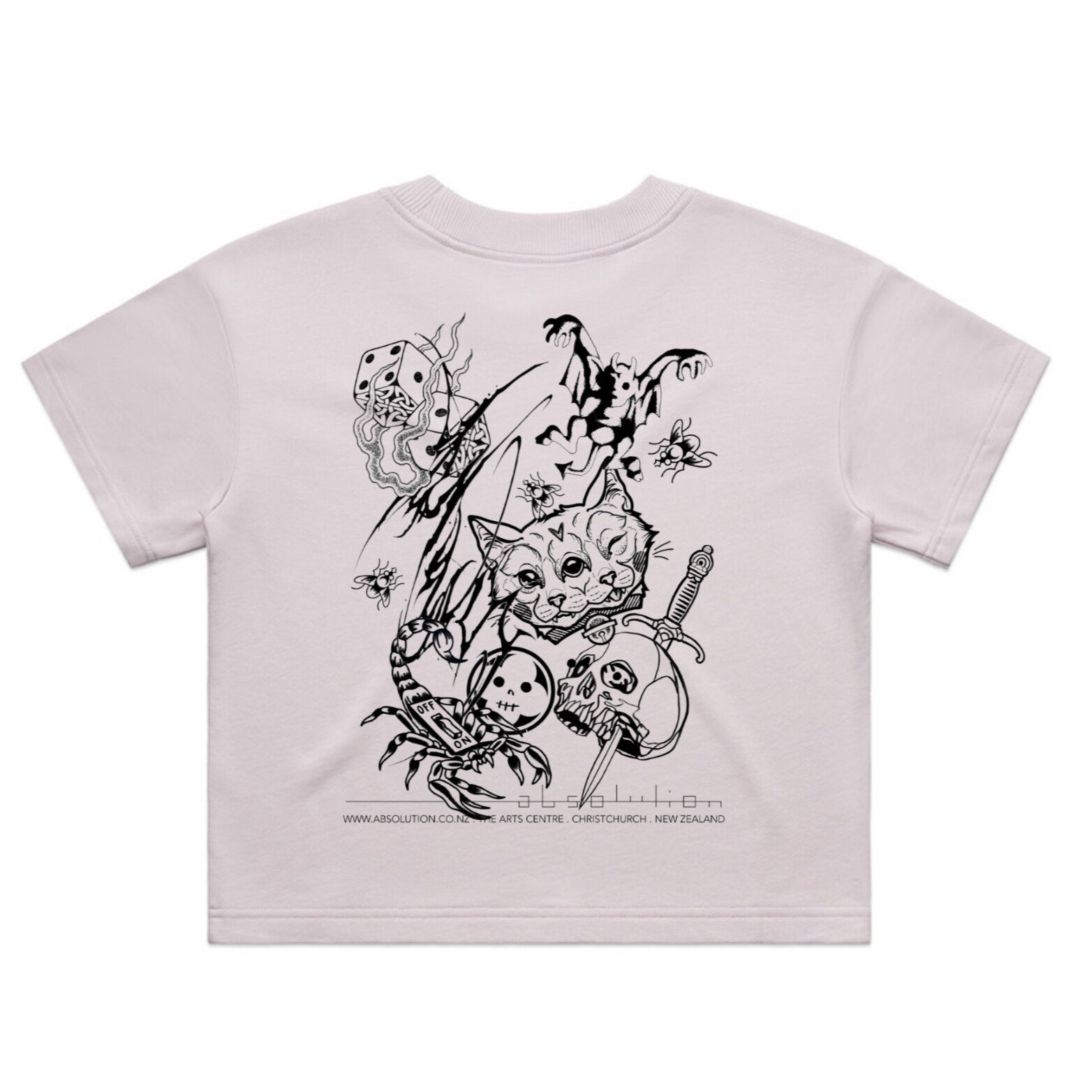 absolution flat lay of AS Colour terry tee in orchid pink with graph superimposed on back featuring flash by resident tattoo artists