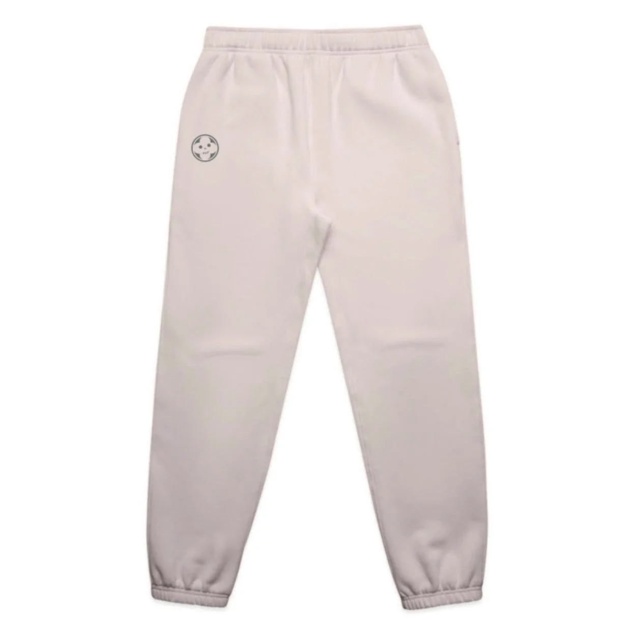 photo of front side of absoultion limited edition orchid pink track pants with logo embroided on front