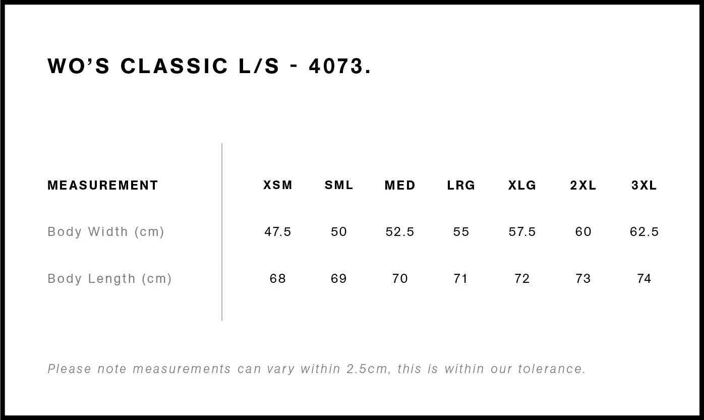 Womens classic LS tee size chart