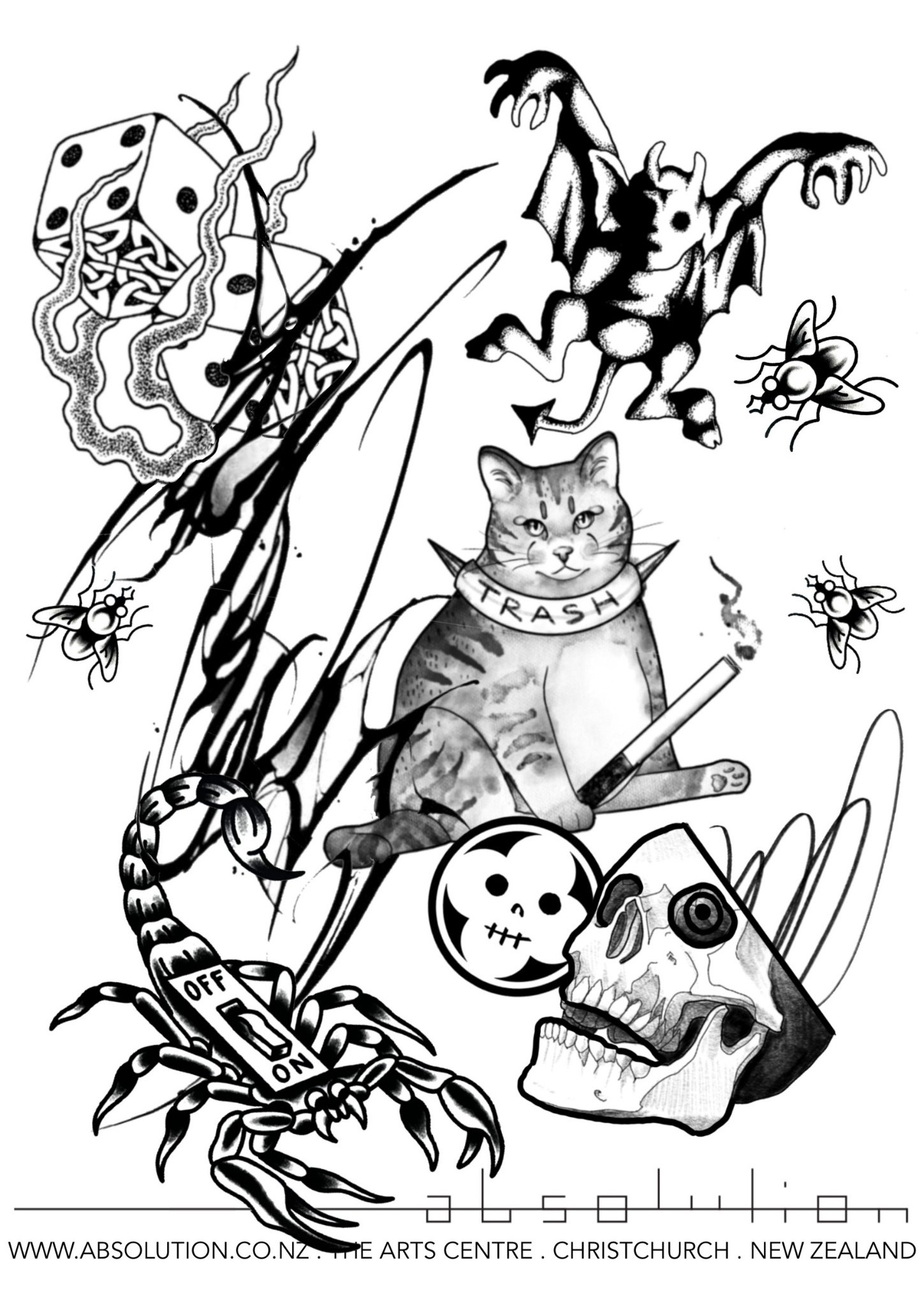 Graphic overlay image for preorder printing and clothing line for Absolution tattoo and body piercing
